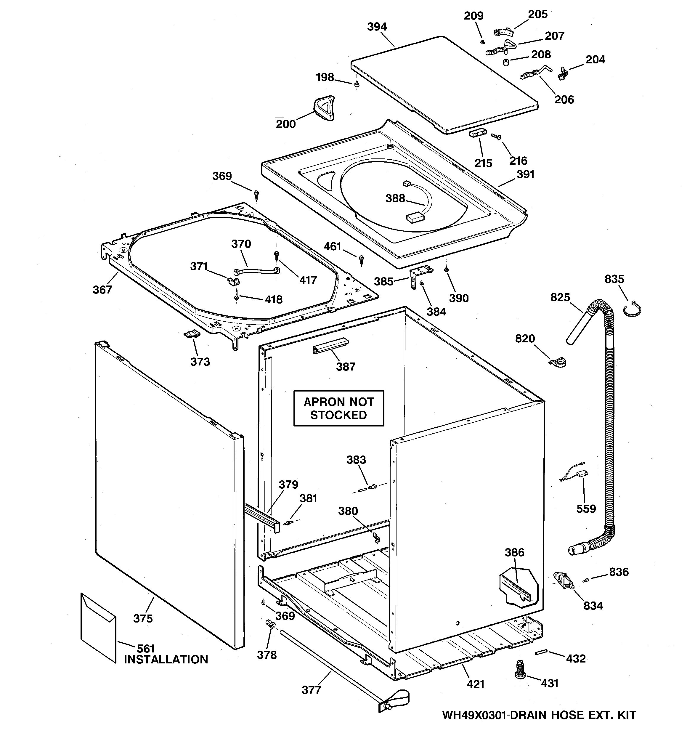 GE WLE4000B2WW cabinet, cover & front panel diagram