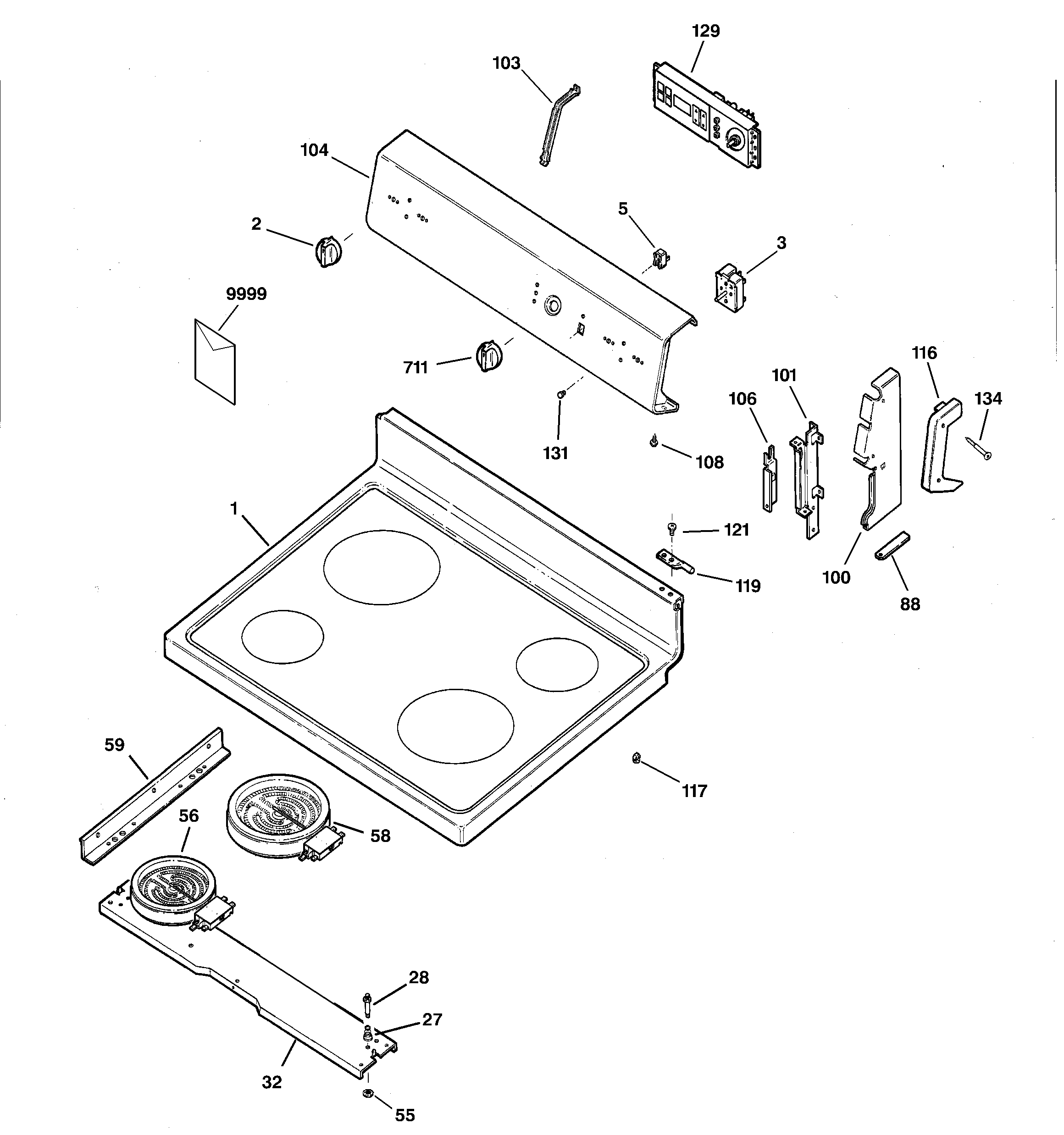 GE JBP60BC5WH control panel & cooktop diagram