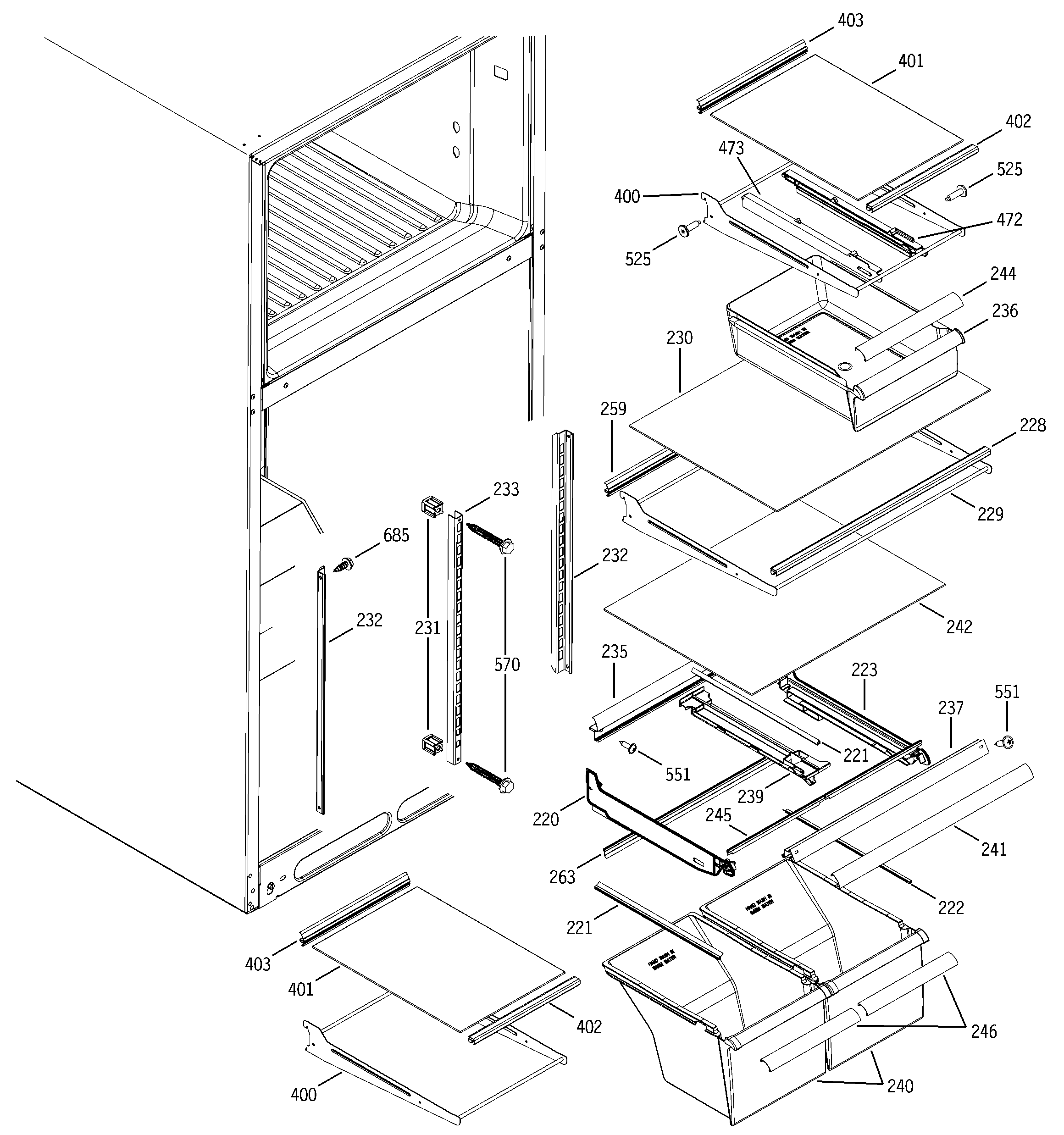 GE GTS18IBMARCC fresh food shelves diagram