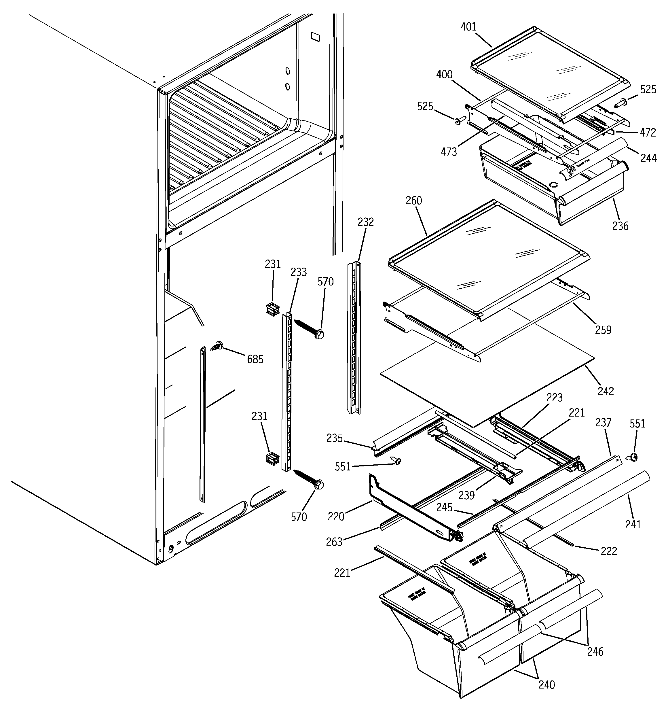 GE STS18ICMDRWW fresh food shelves diagram