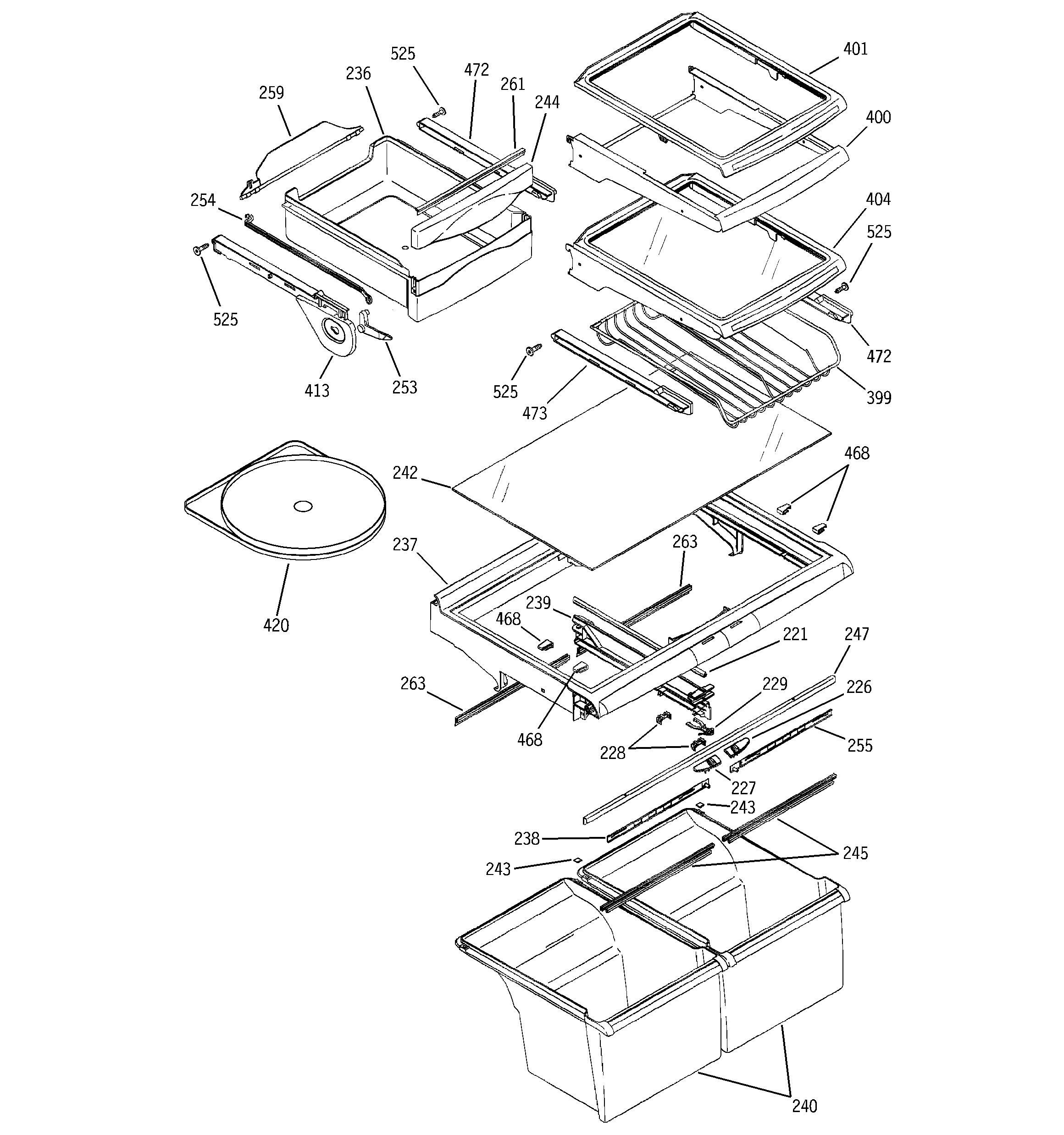 GE PTG22LBMARBB fresh food shelves diagram