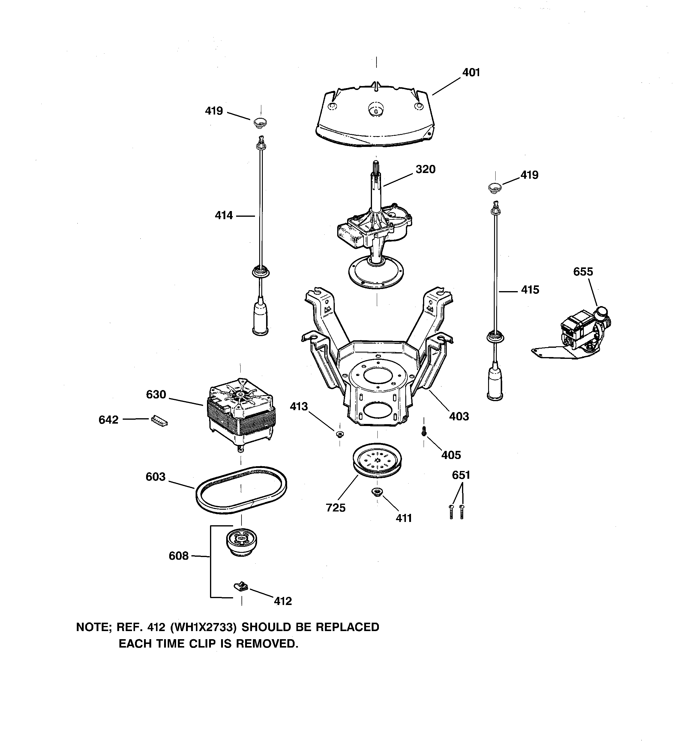 GE WHDSE820C0WW suspension, pump & drive components diagram