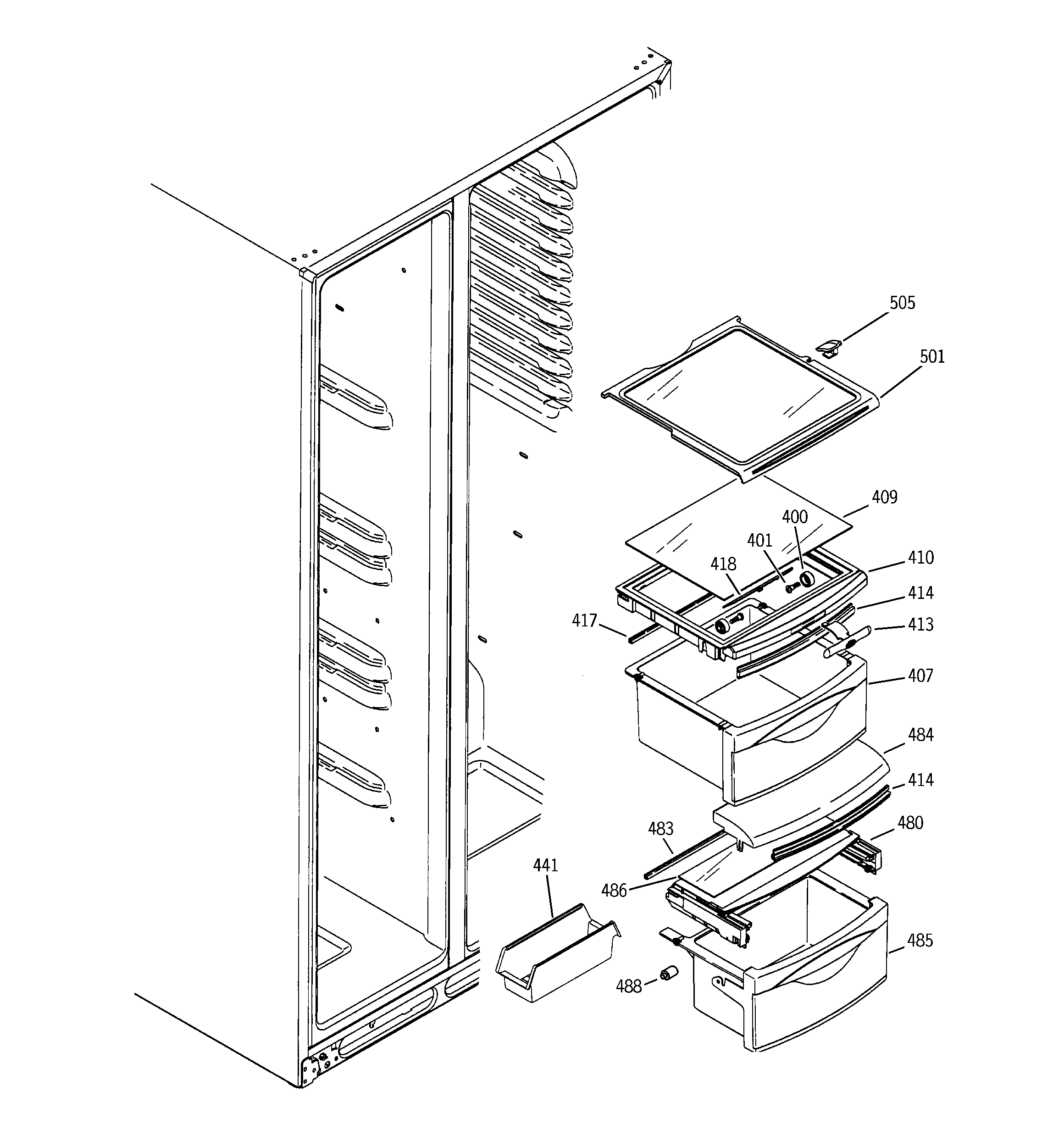 GE GSS25YGNAWW fresh food shelves diagram