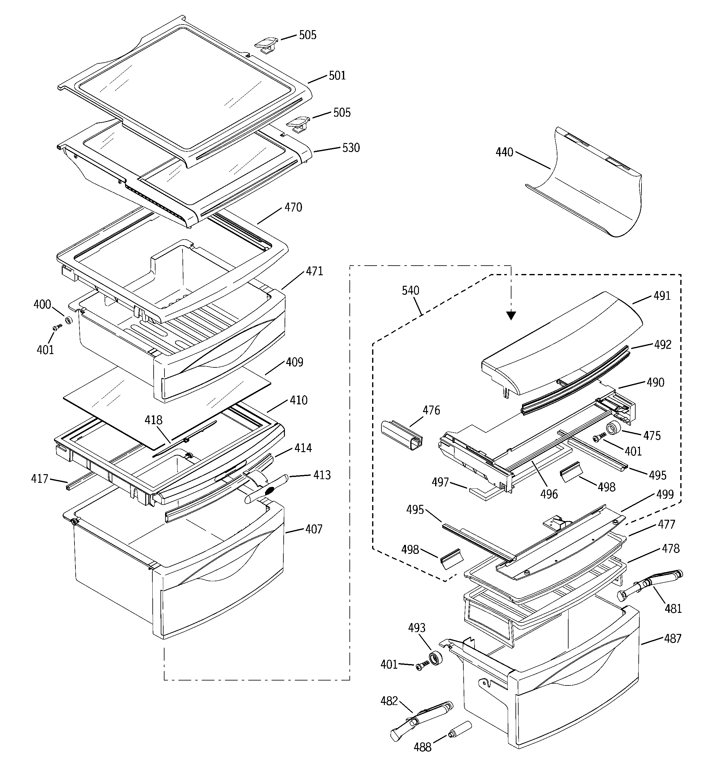 GE PSC23SSNASS fresh food shelves diagram