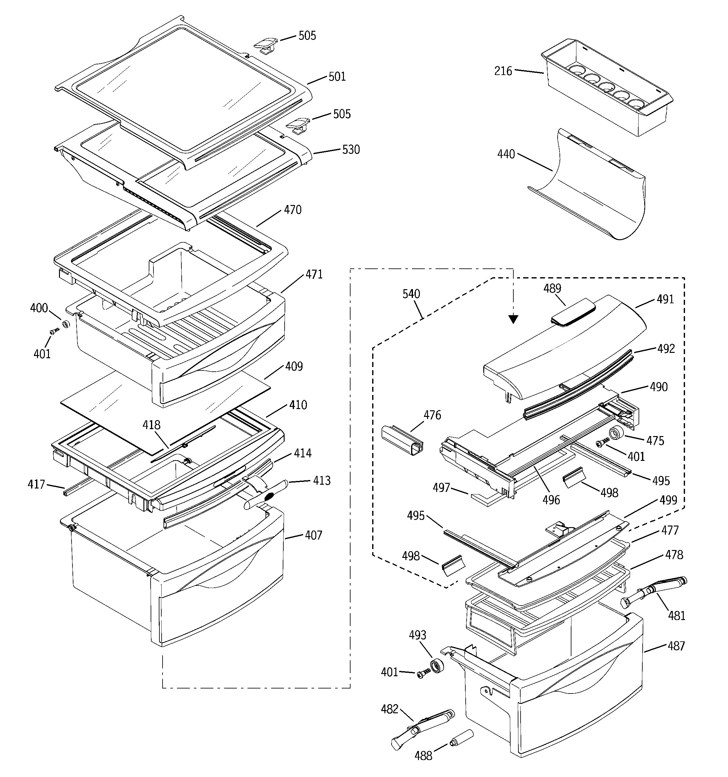 GE PSP25SGMFCBS fresh food shelves diagram