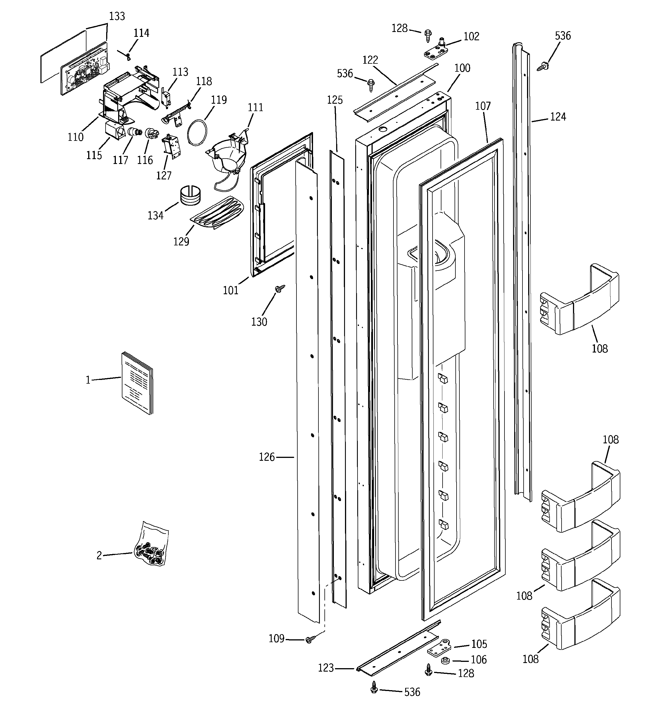 GE ZISB360DMB freezer door diagram