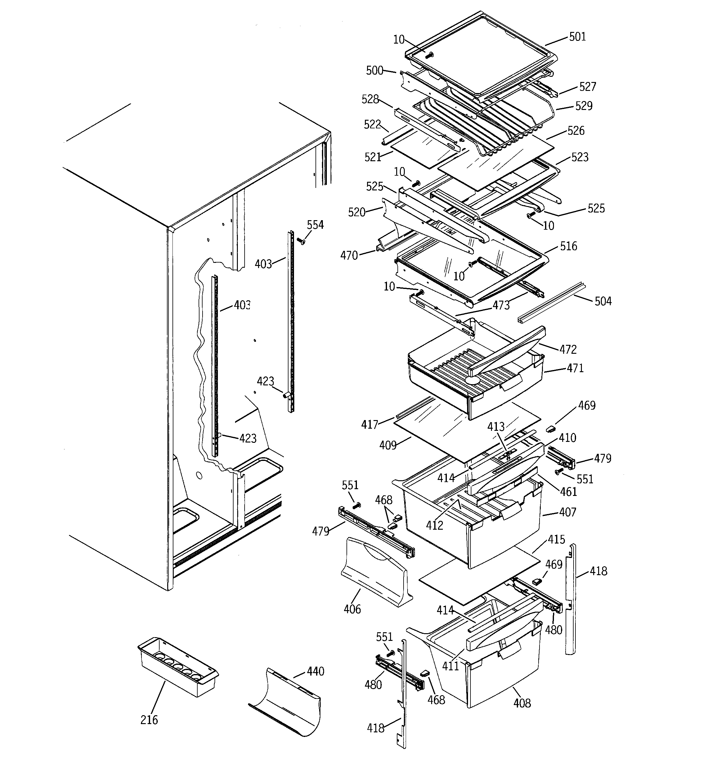 GE PSA25MIPAFWW fresh food shelves diagram