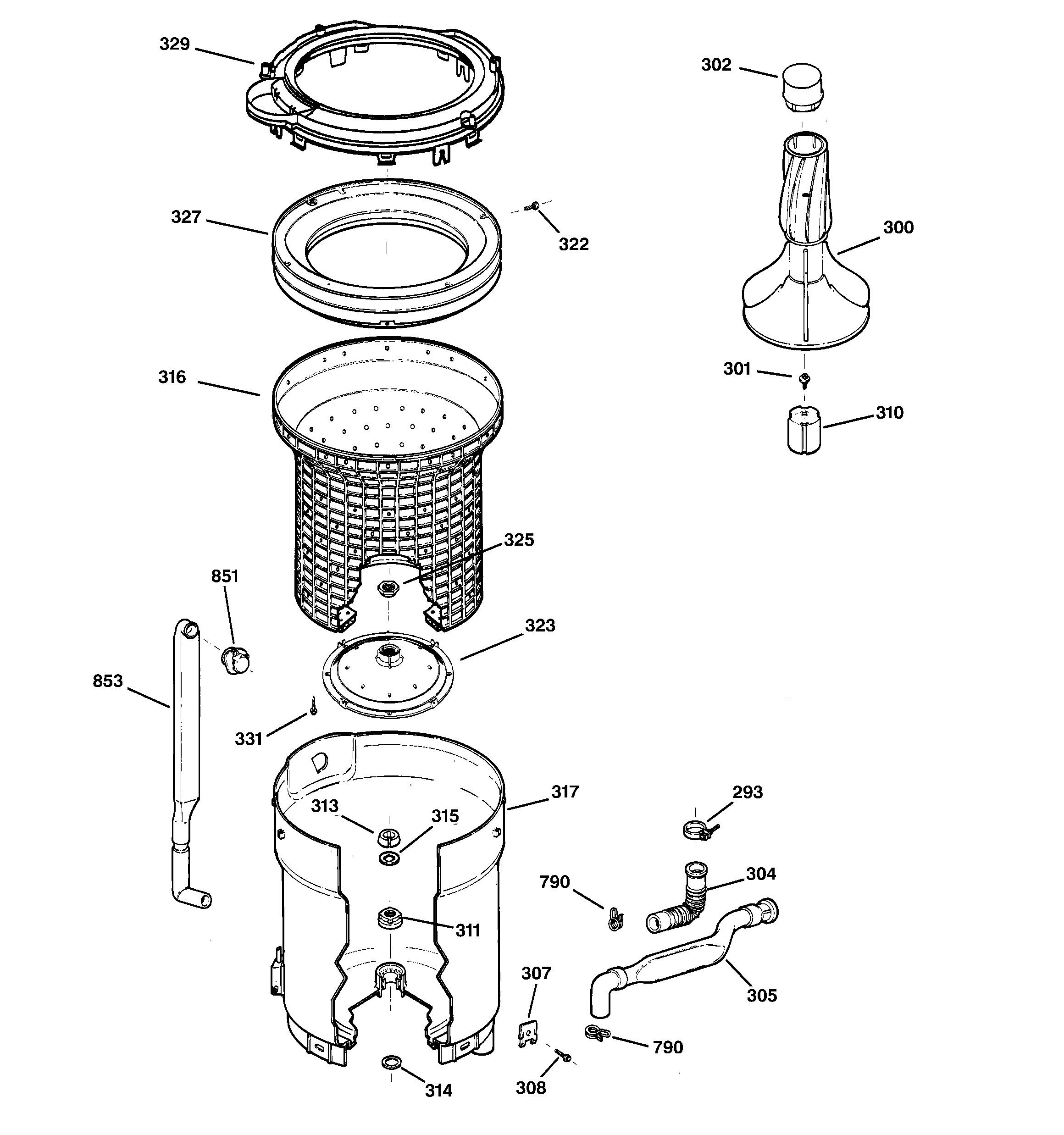 Hotpoint VBXR1090B3CC tub, basket & agitator diagram