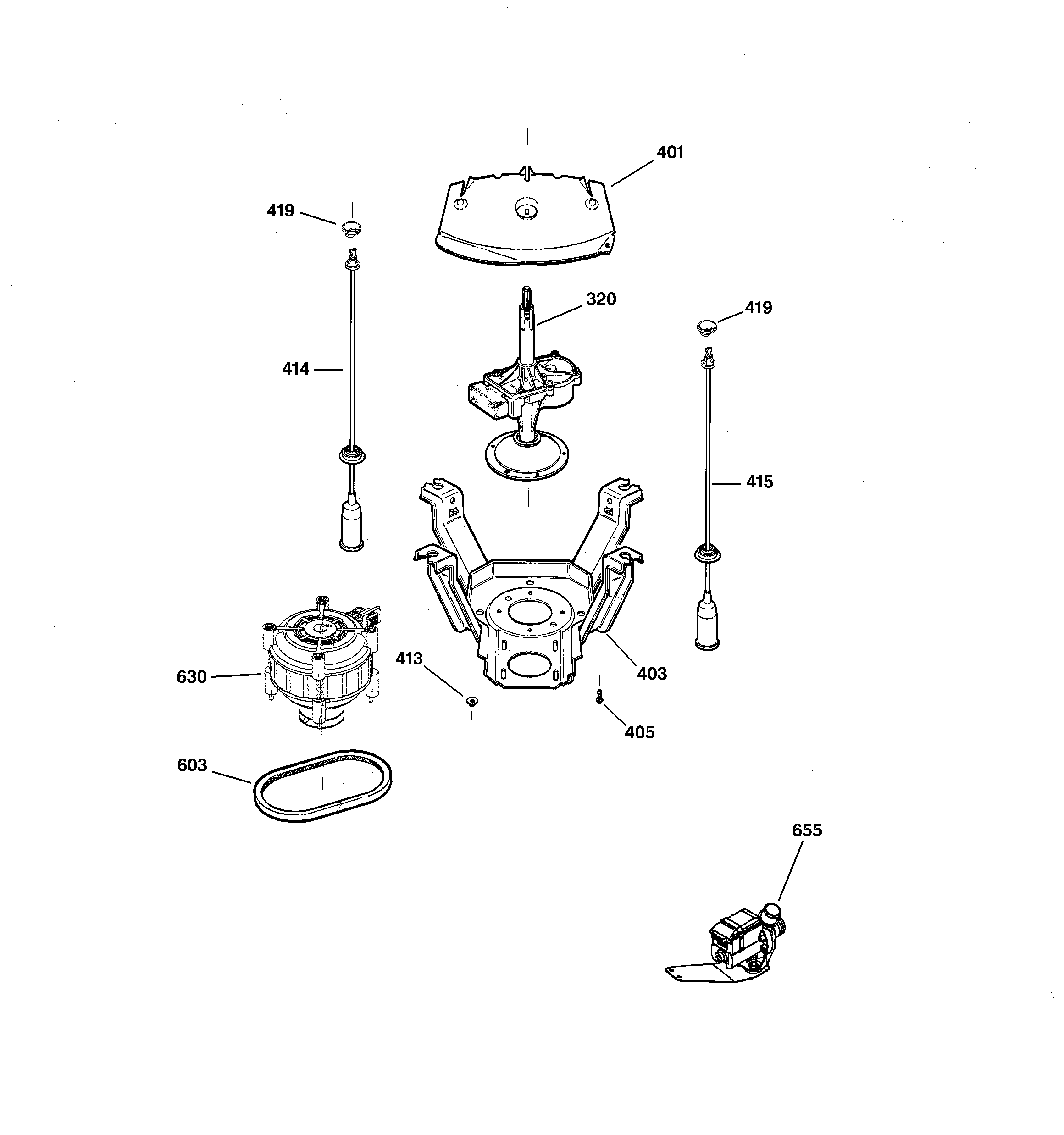 Hotpoint VLXR1020A4WO suspension, pump & drive components diagram