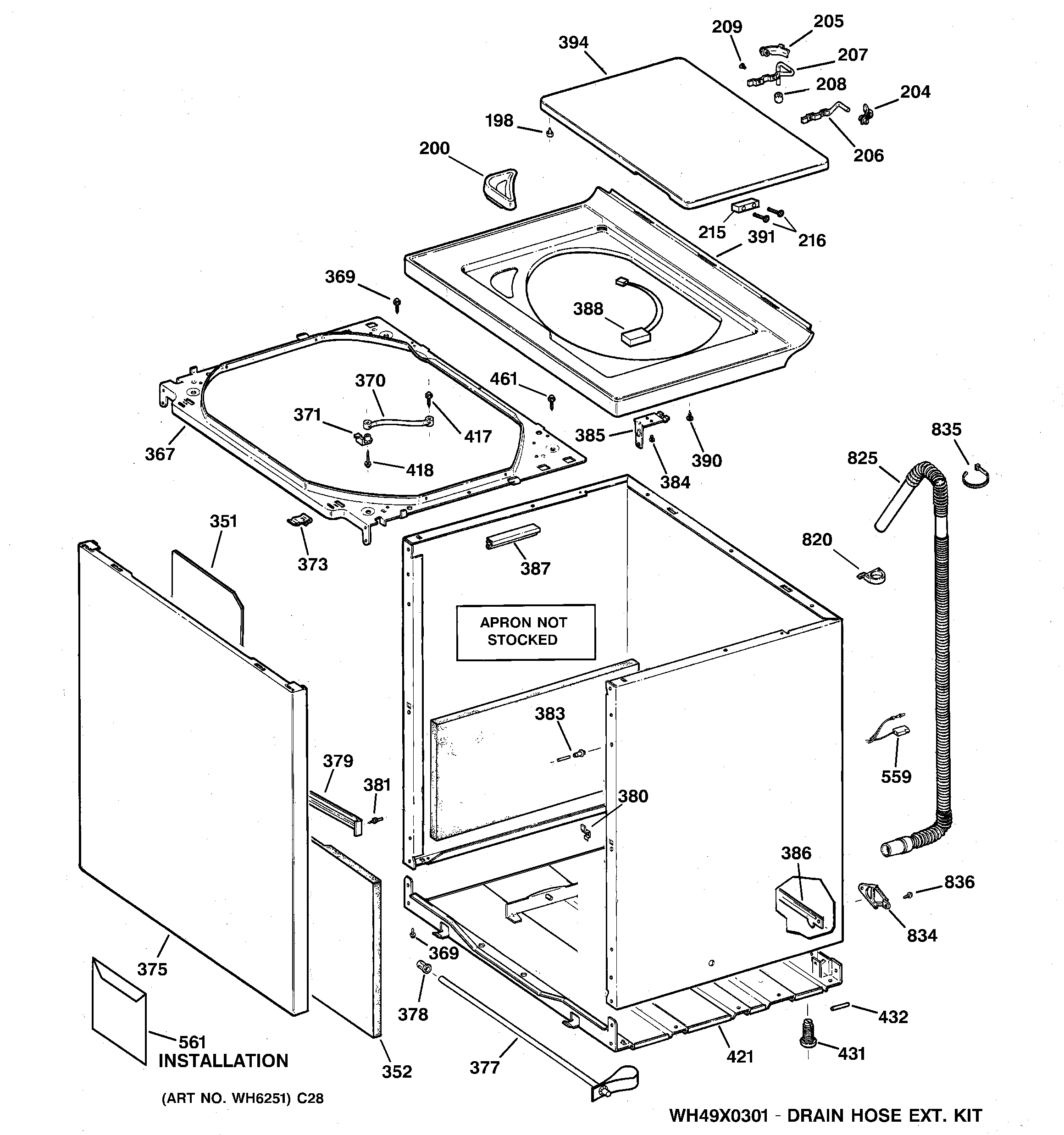 GE WNSE6280B3WW cabinet, cover & front panel diagram