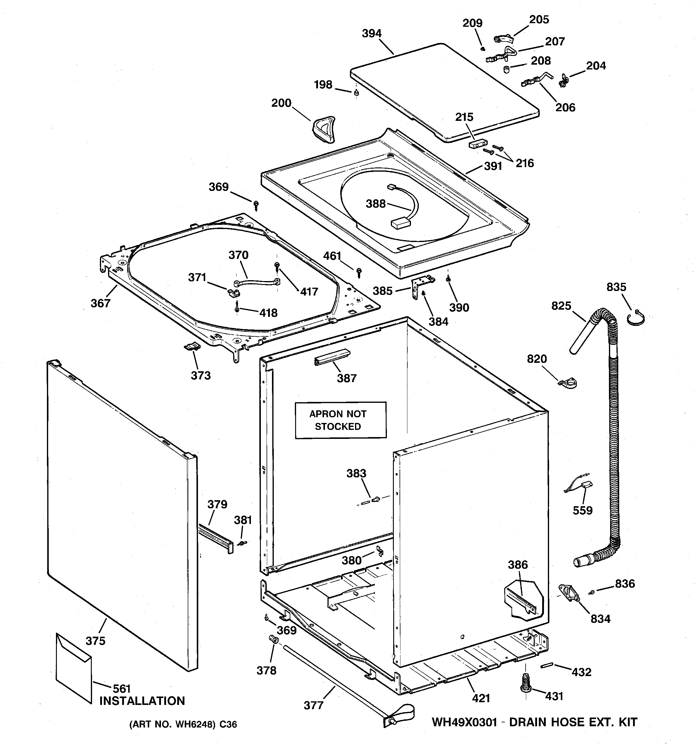 GE WSSE5210B3WW cabinet, cover & front panel diagram