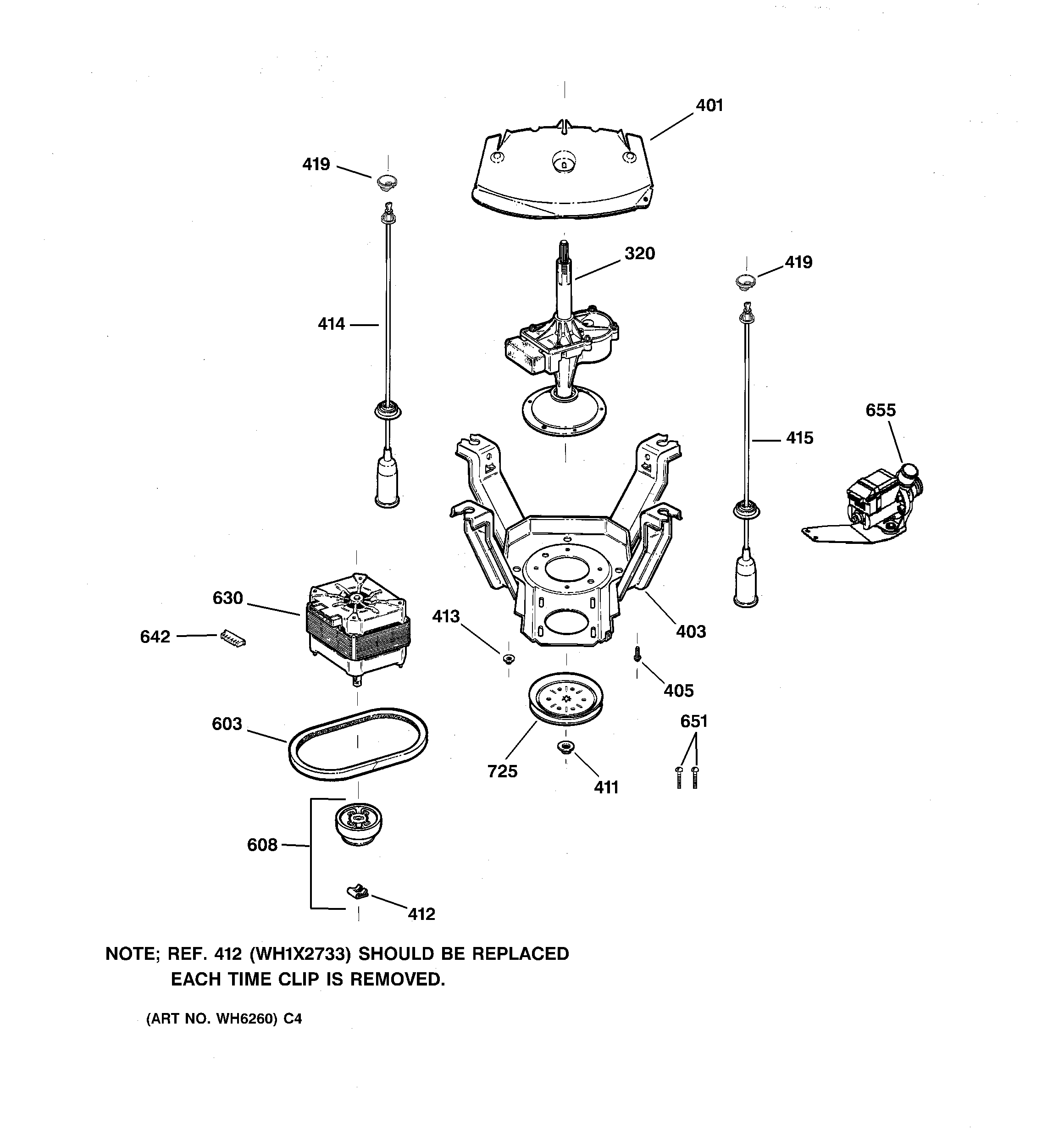 GE WSSE5210B3WW suspension, pump & drive components diagram