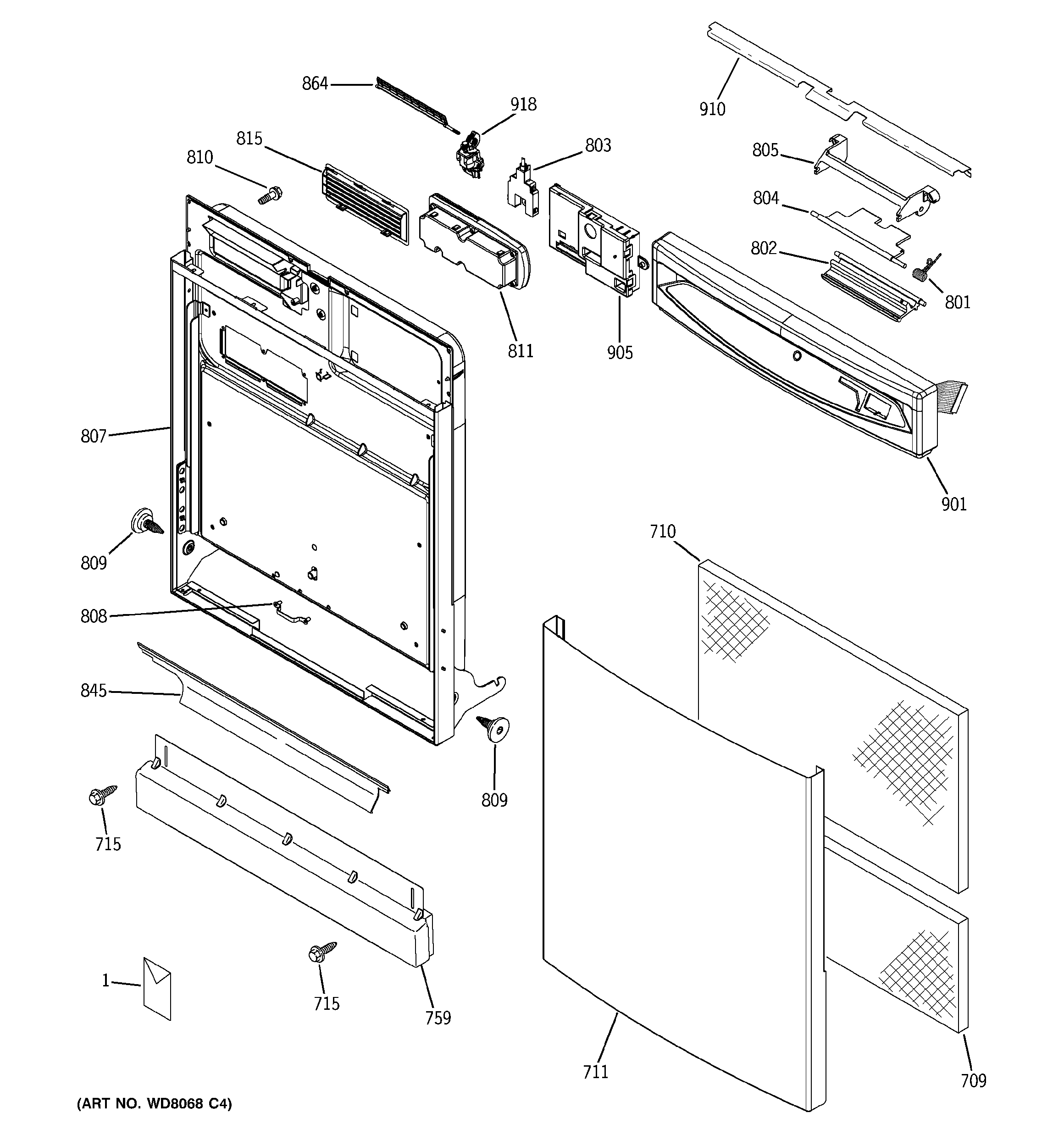GE PDW7300G00BB escutcheon & door assembly diagram