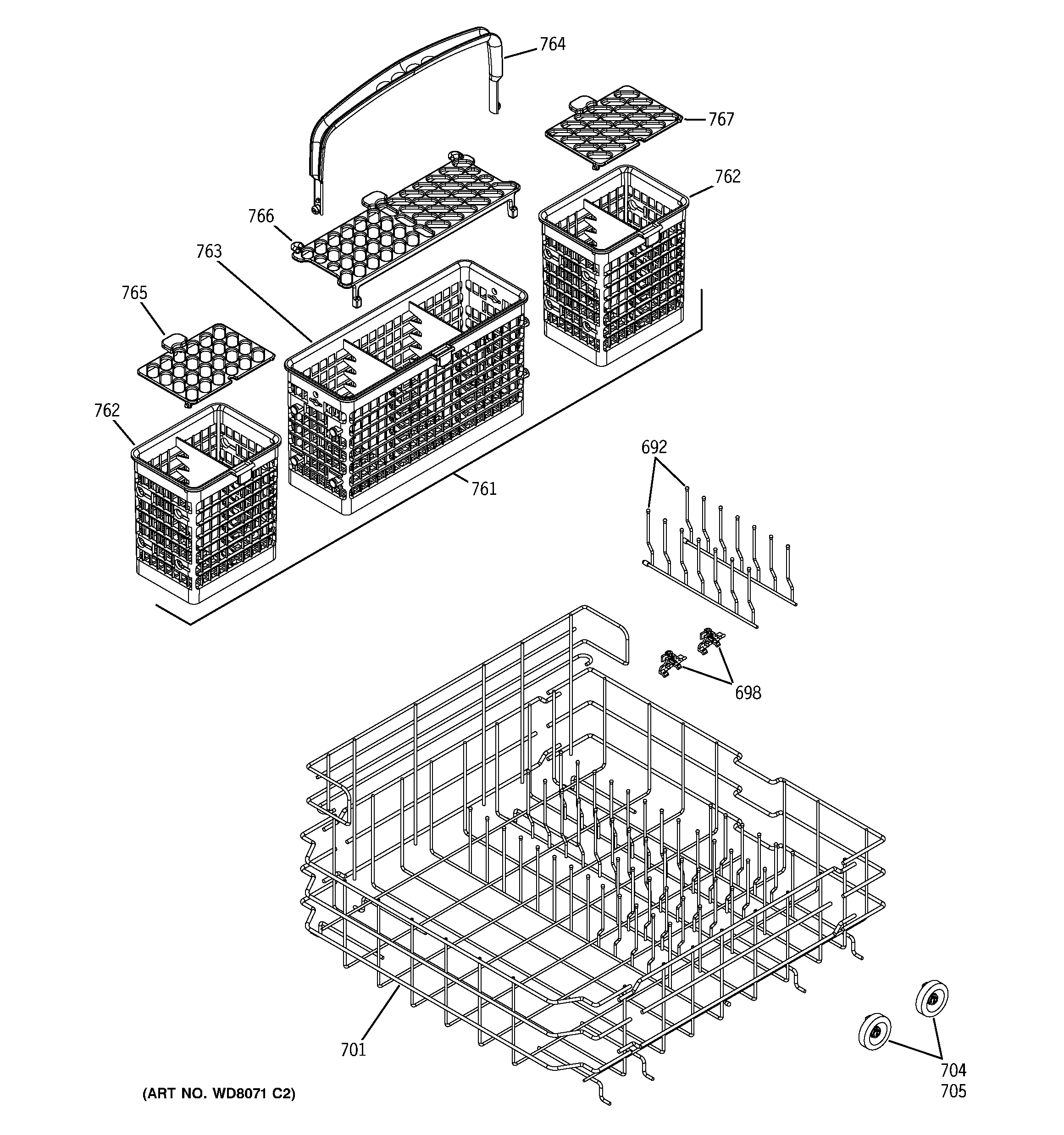 GE PDW7300G00BB lower rack assembly diagram