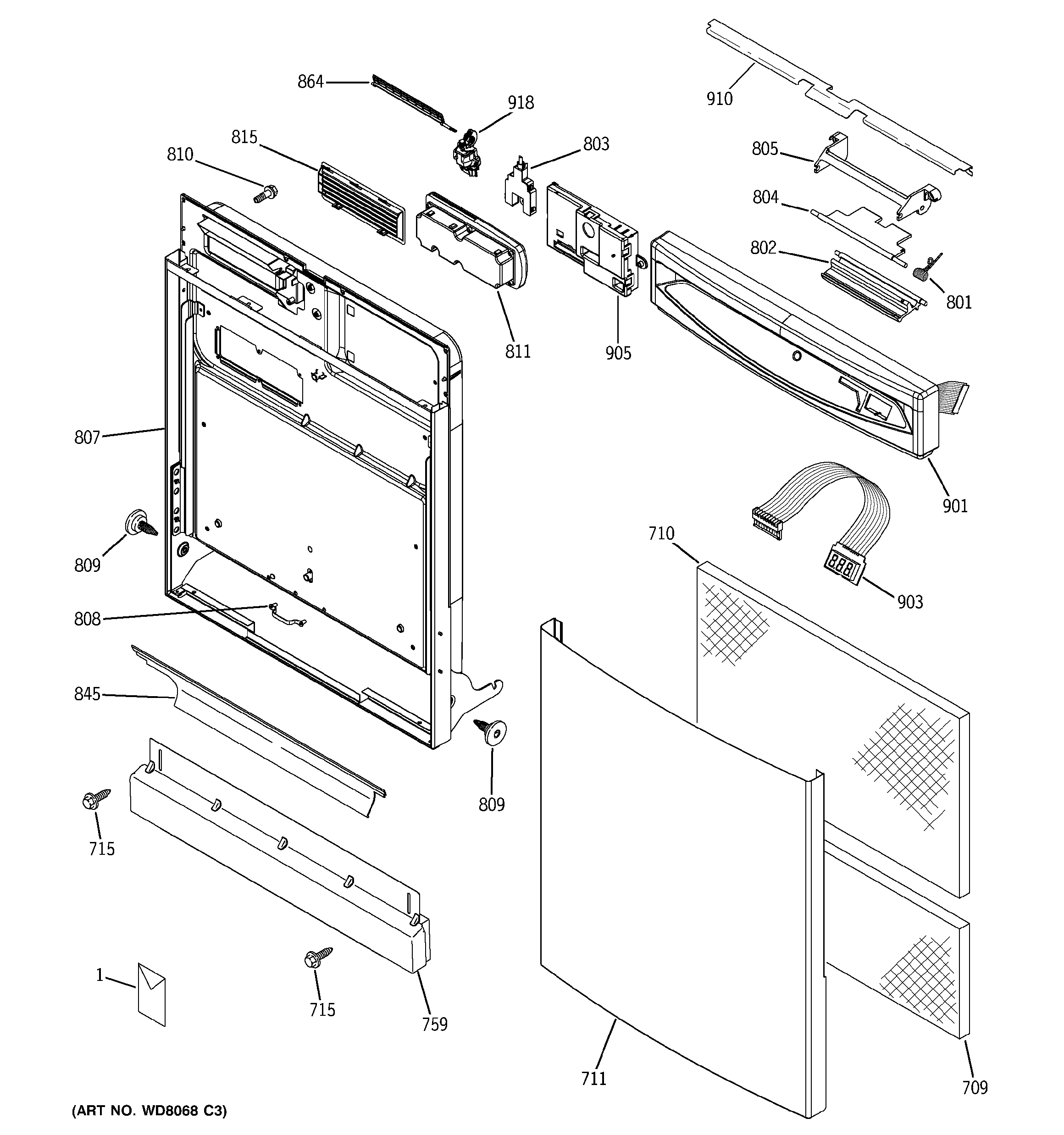 GE PDW7800G00BB escutcheon & door assembly diagram