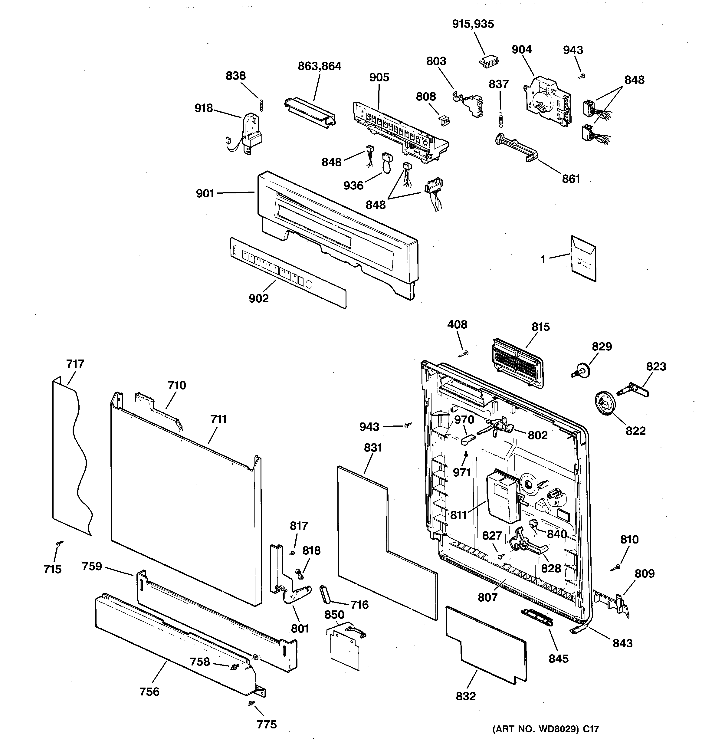 GE EDW2050F01CC escutcheon & door assembly diagram