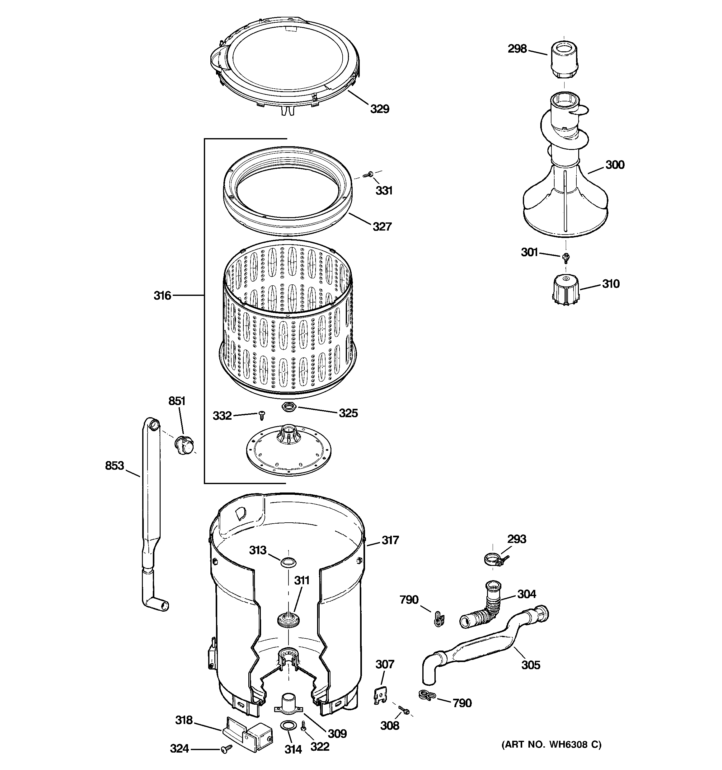 GE WPRB9220C0CC tub, basket & agitator diagram