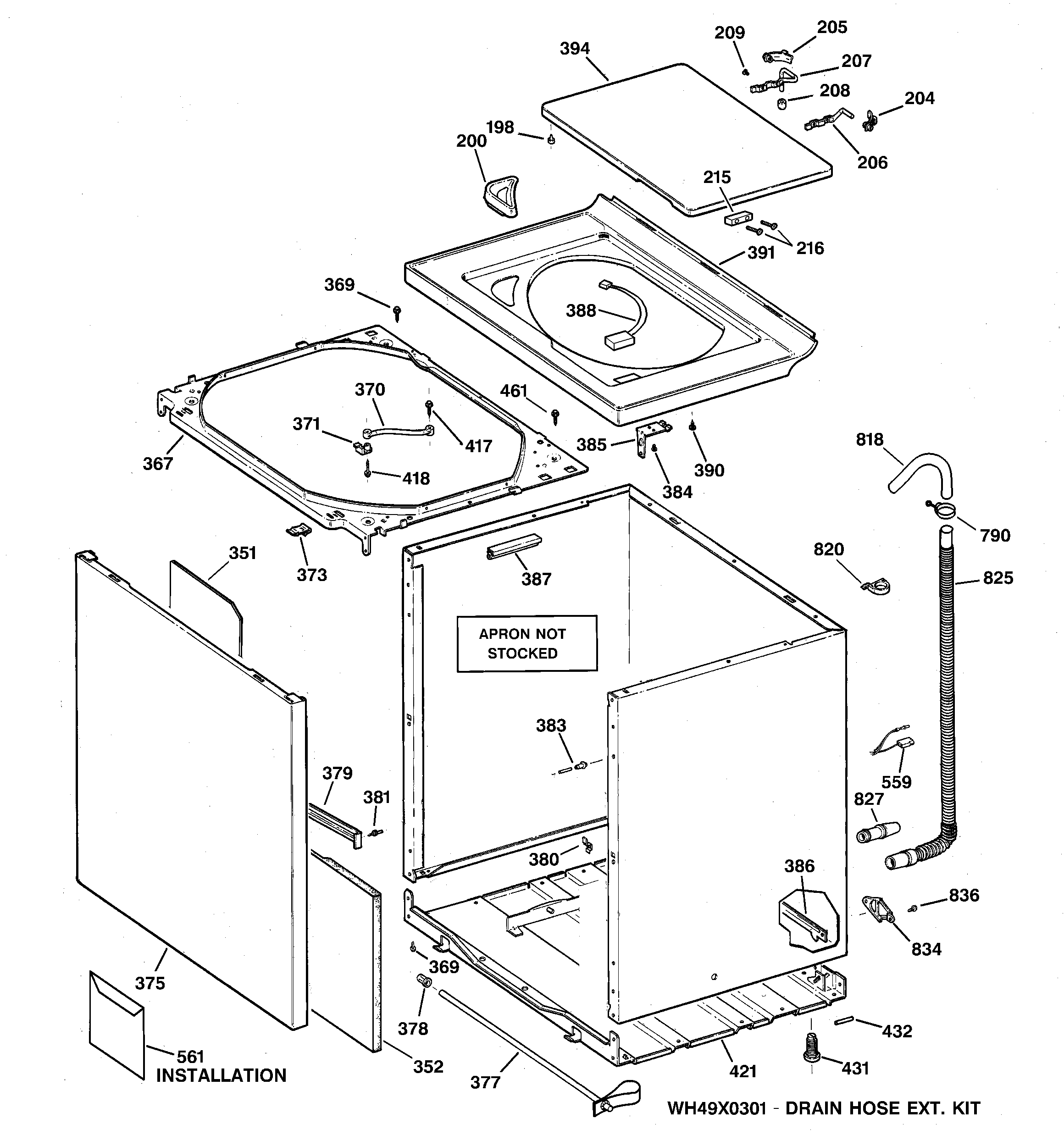GE WNCD2050B9WC cabinet, cover & front panel diagram