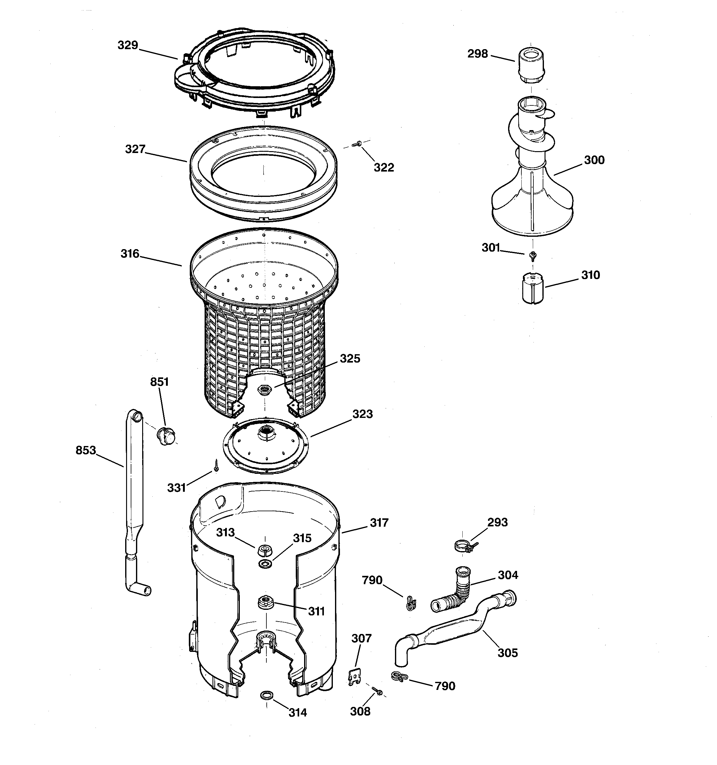 GE WNCD2050B9WC tub, basket & agitator diagram