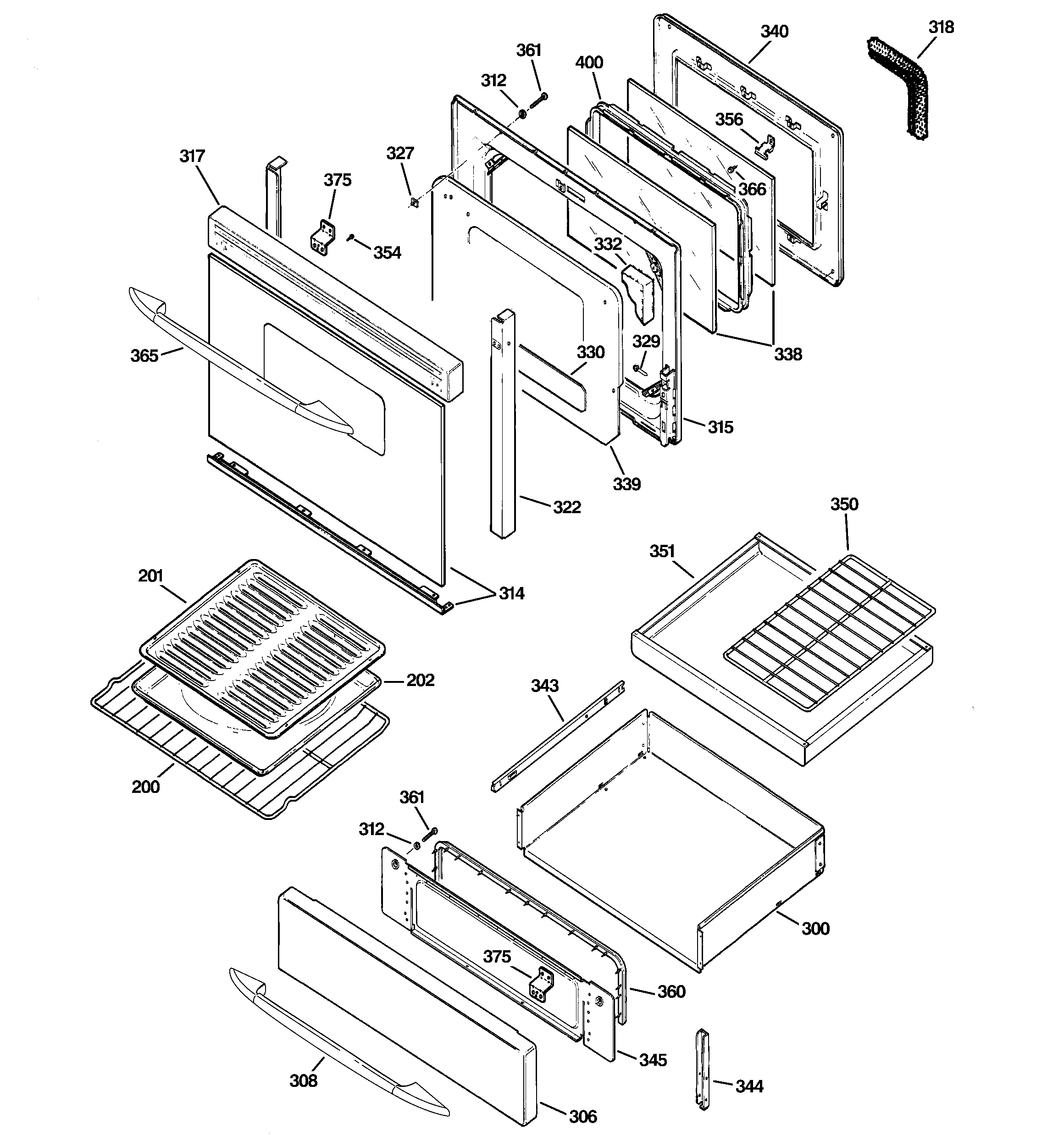 GE JGB905SEF1SS door & drawer parts diagram