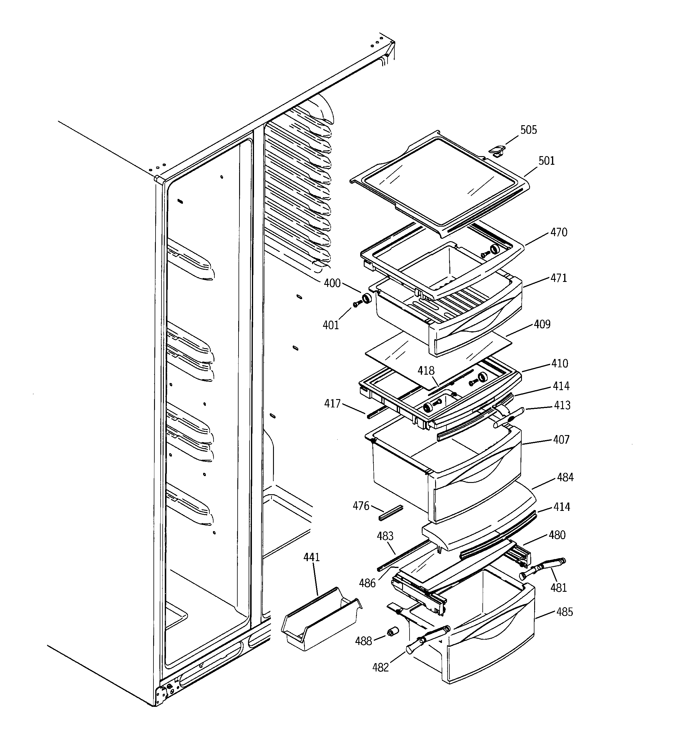GE GSS25XGNAWW fresh food shelves diagram