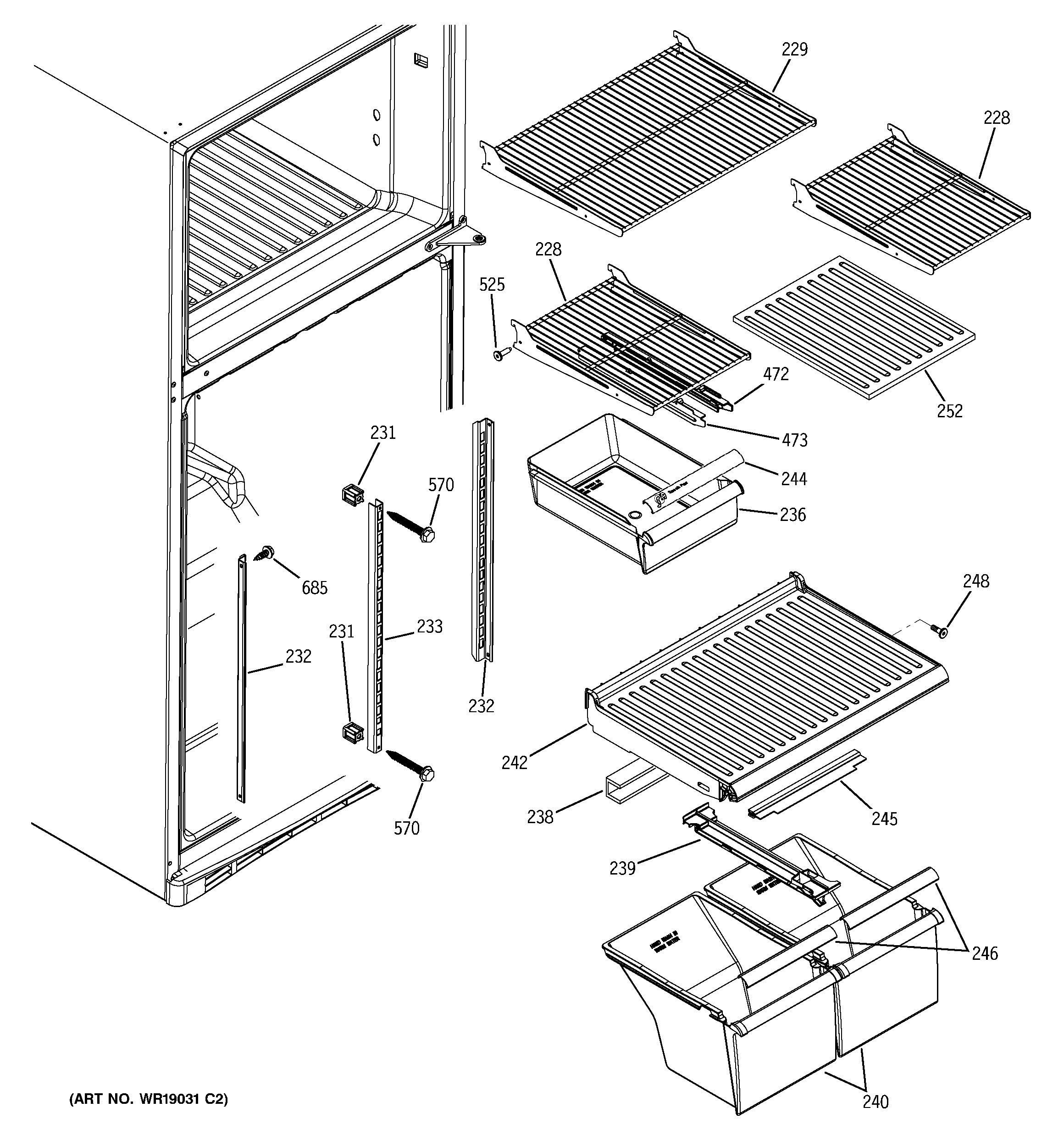 GE GTS18DBMDRWW fresh food shelves diagram
