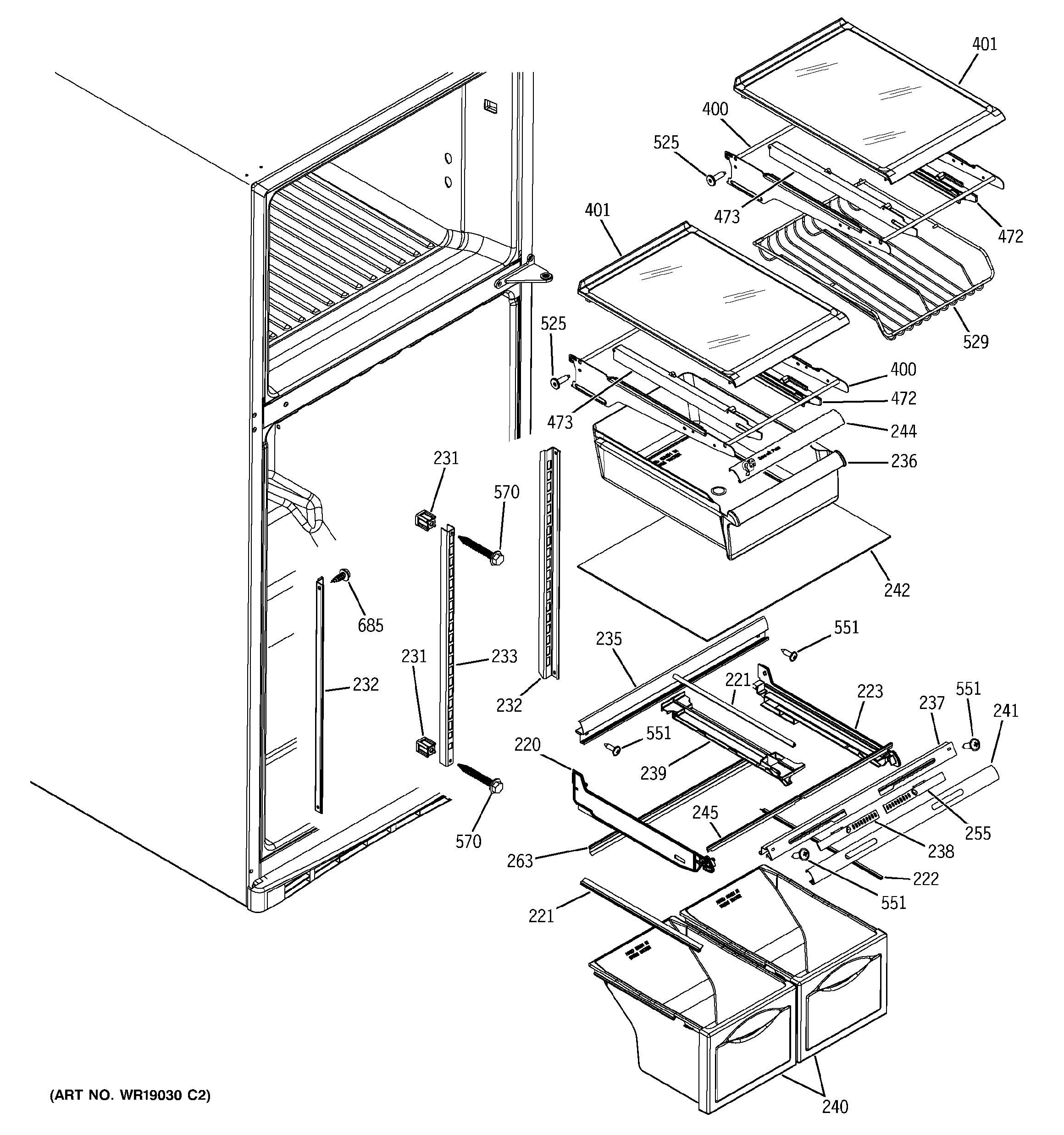 GE GTS18UBMDRBB fresh food shelves diagram