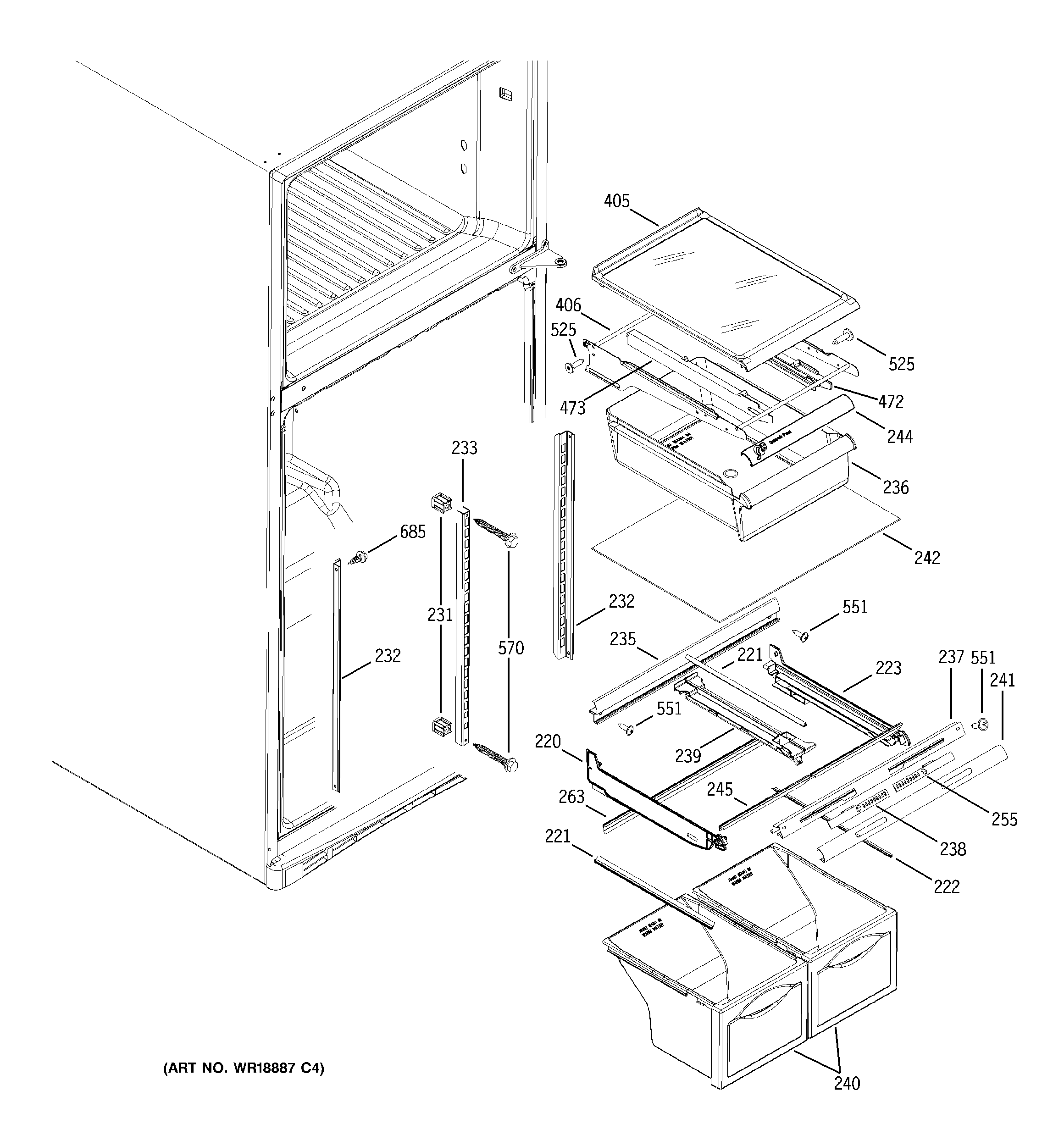 GE GTS19QBNDRCC fresh food shelves diagram