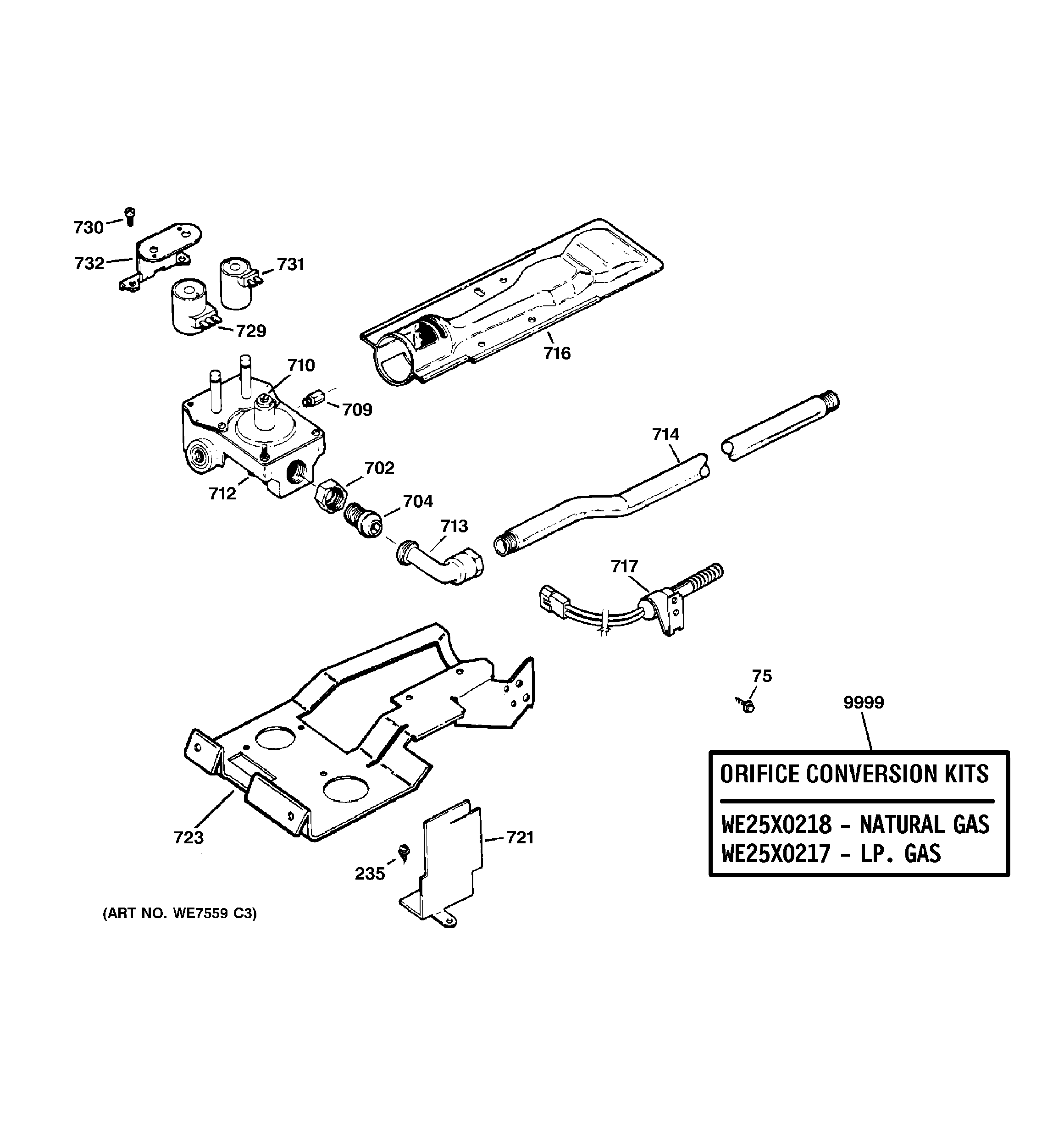 GE DNCJ440GA0WC gas valve & burner assembly diagram