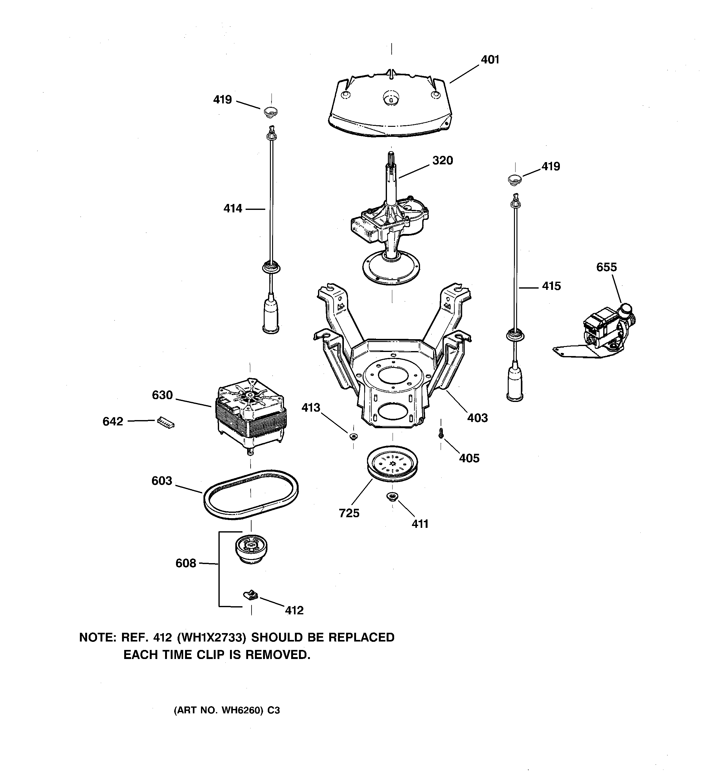 GE EWA3000B1WW suspension, pump & drive components diagram