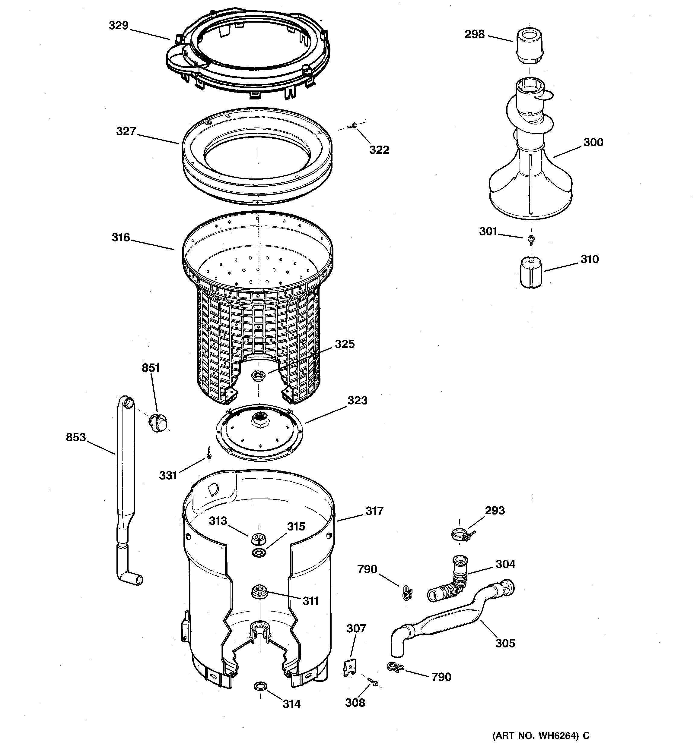 GE WBB5500B1WW tub, basket & agitator diagram
