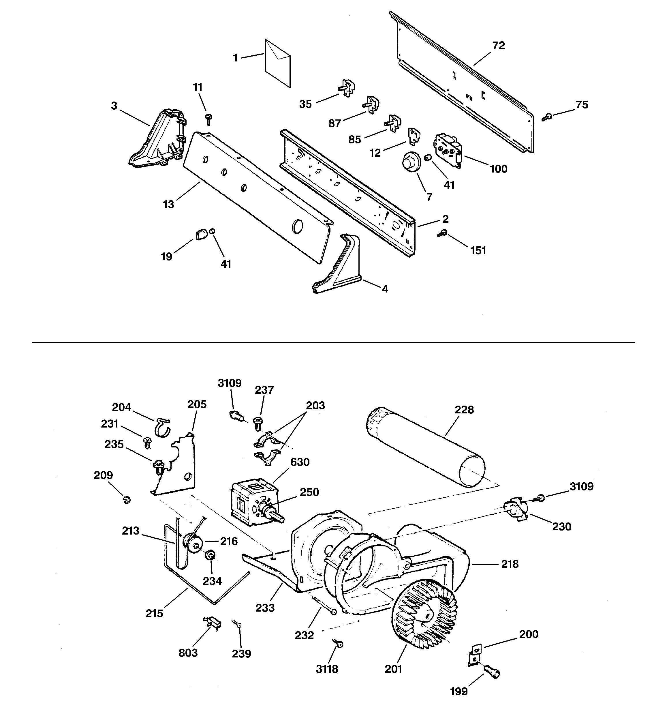 GE DPXR483GA2AA backsplash, blower & motor assembly diagram