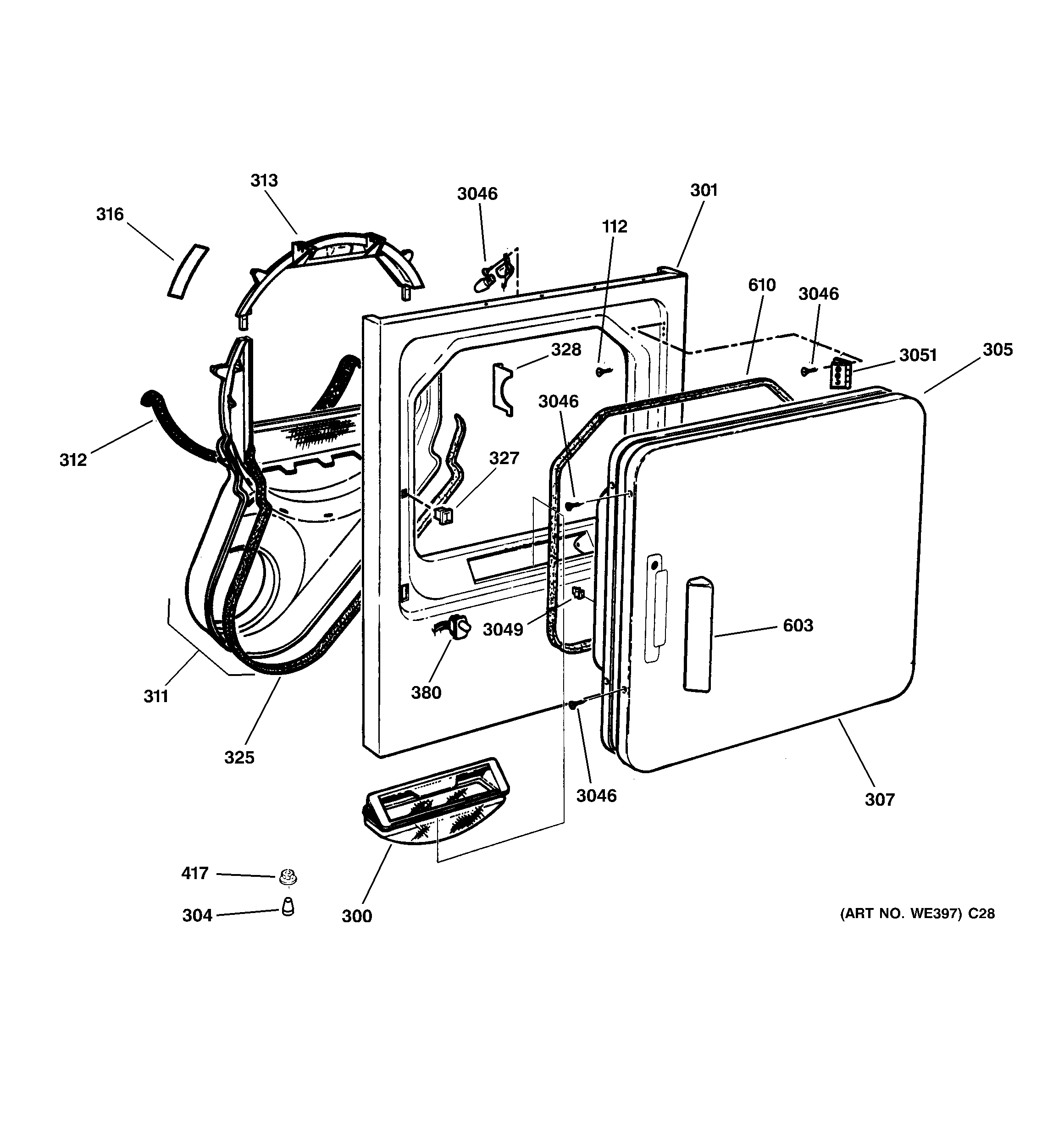 GE DPXR483GA2AA front panel & door diagram