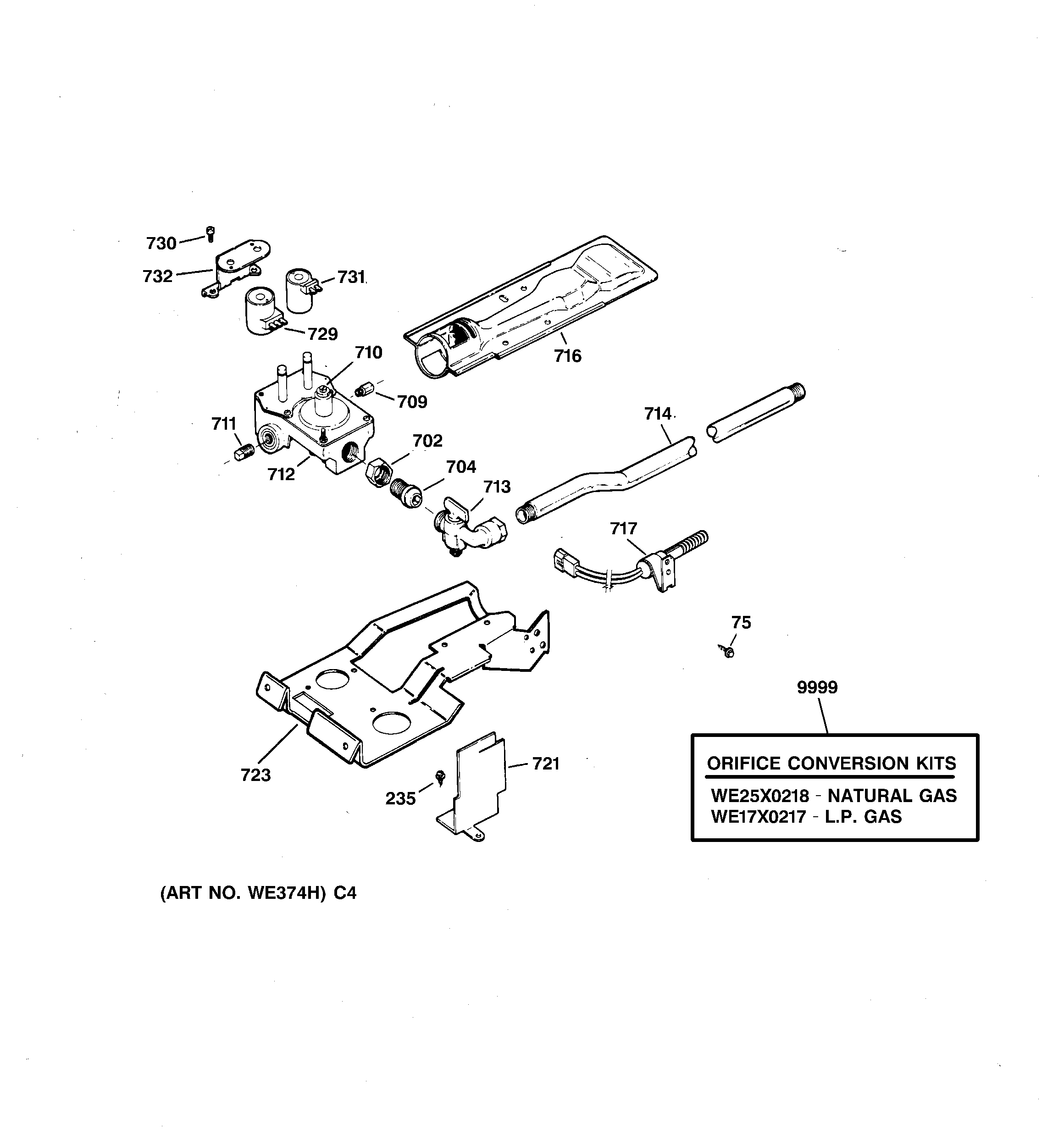 GE DPXR483GA2AA gas valve & burner assembly diagram