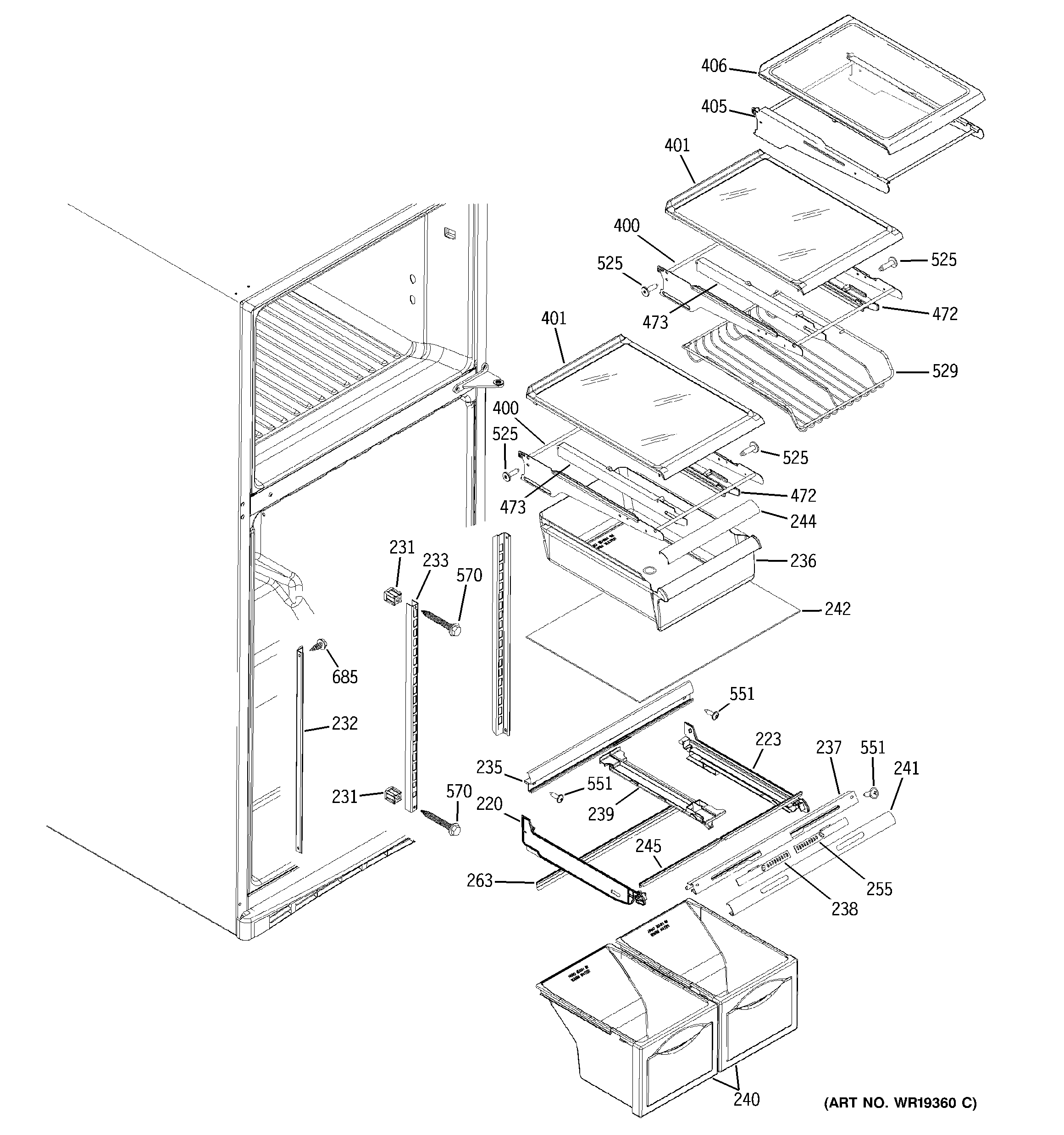 GE ETS19XBPARWW fresh food shelves diagram