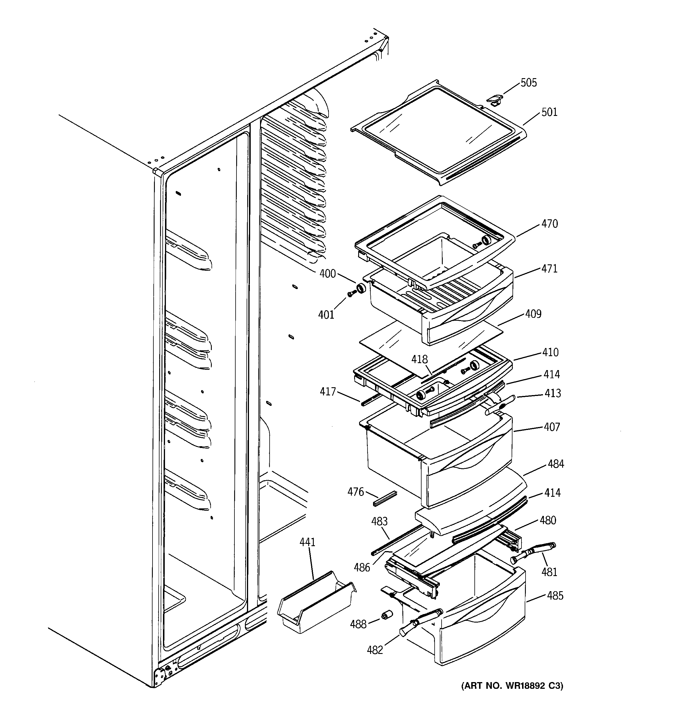 GE GSS25PSMFBS fresh food shelves diagram