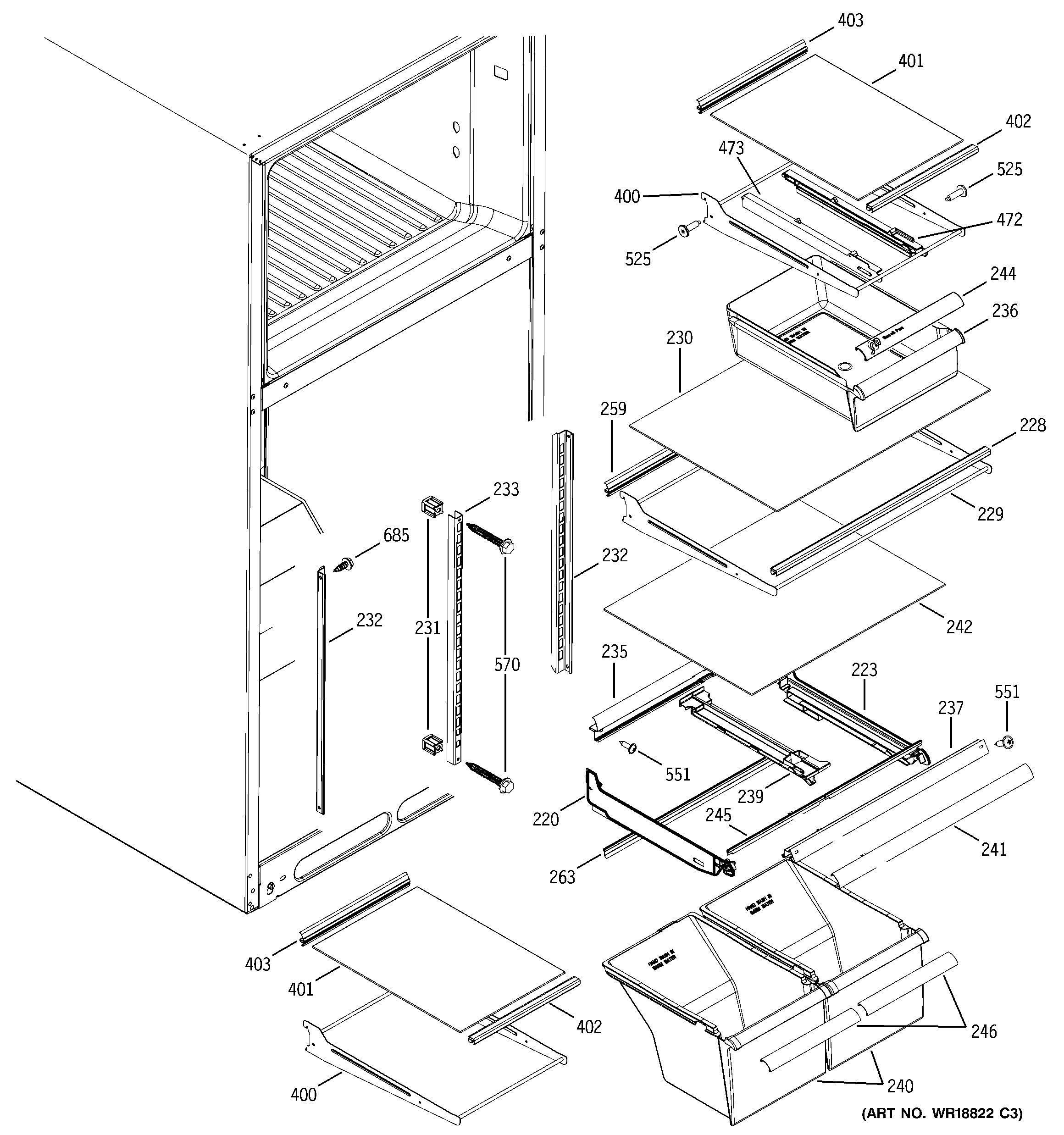 GE GTS18JBPARCC fresh food shelves diagram