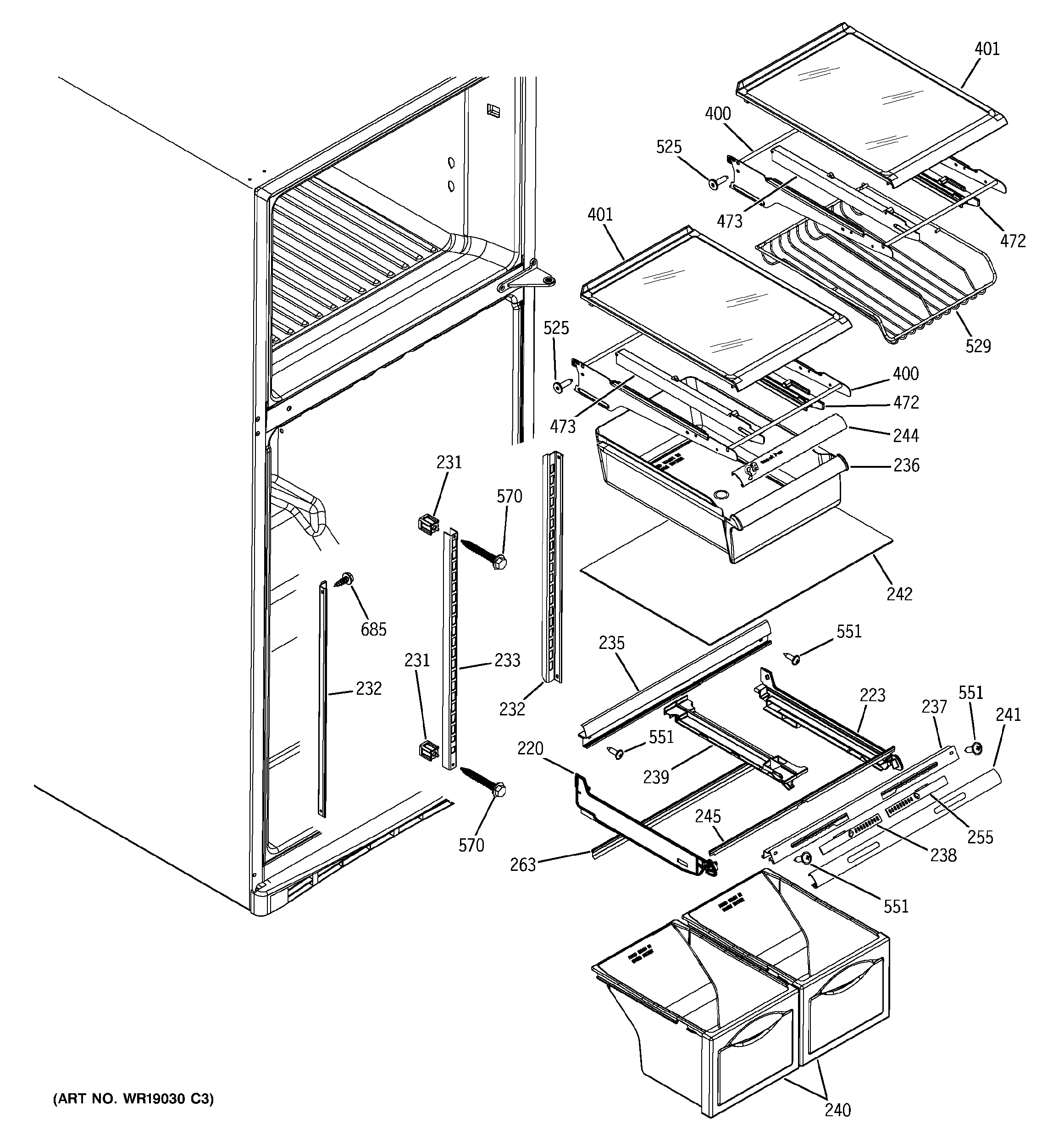 GE GTS18UBPARWW fresh food shelves diagram