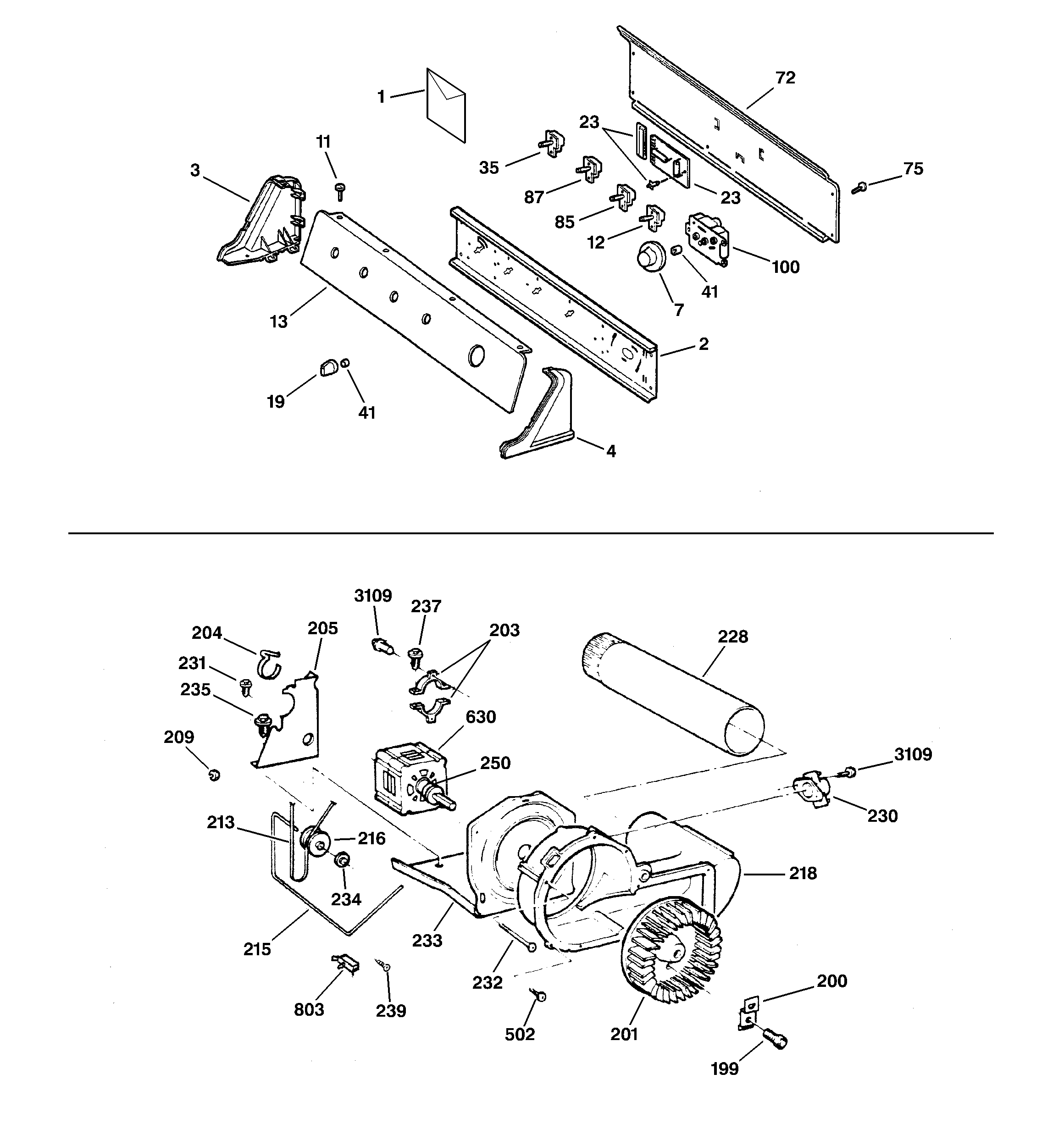 GE DWSR485EA2WW backsplash, blower & motor assembly diagram