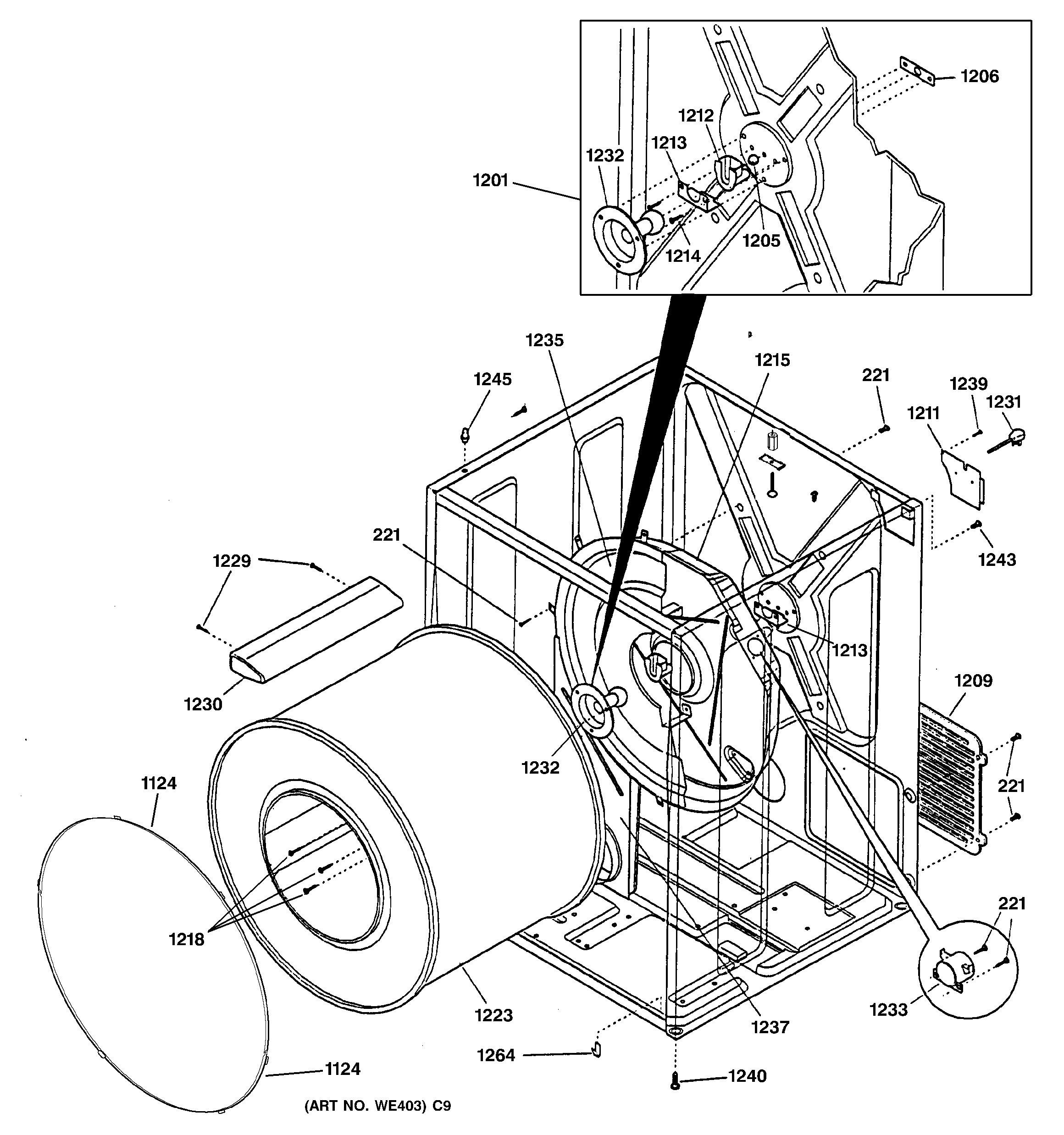 GE DVL223GB4WW cabinet & drum diagram