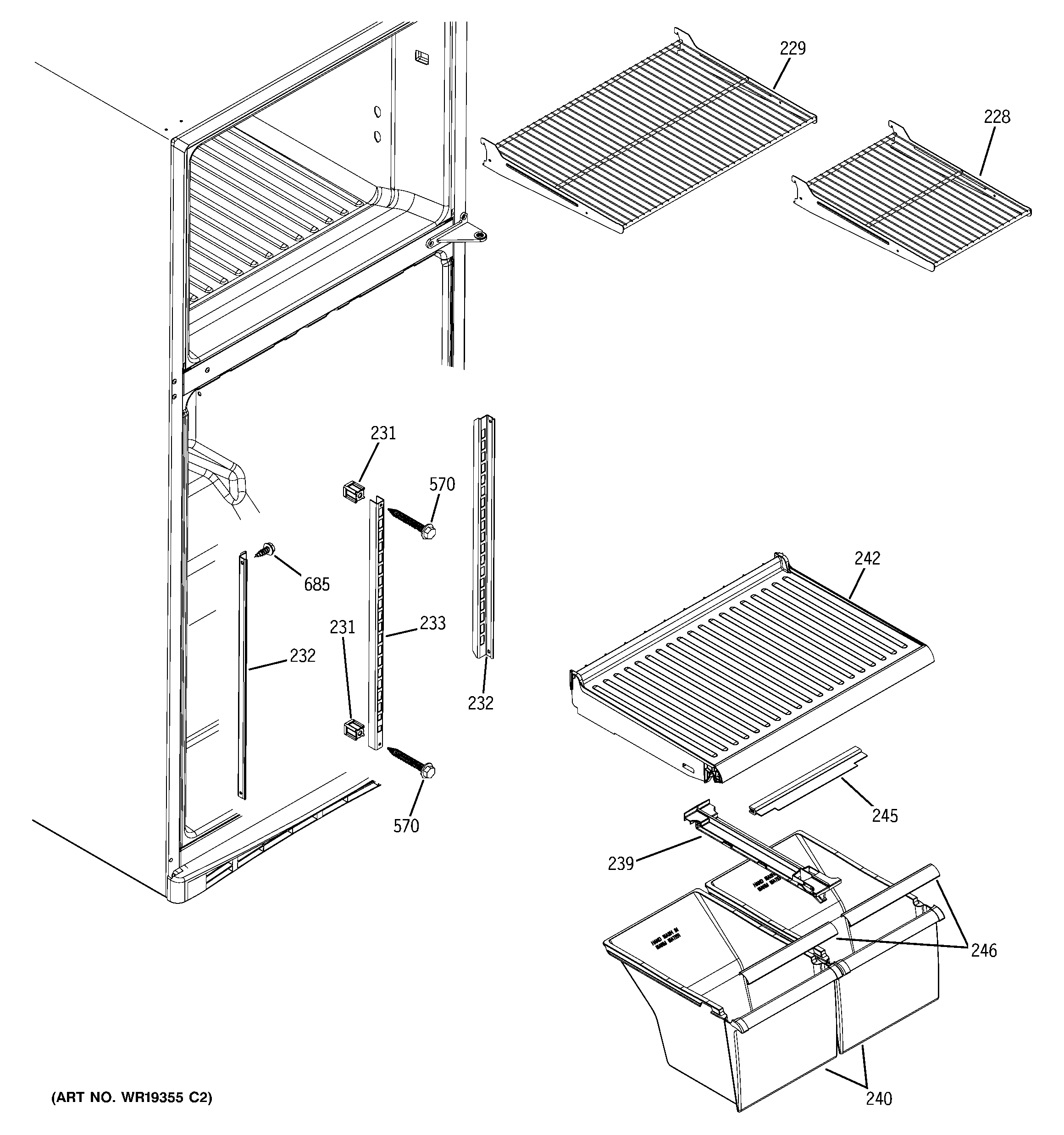 GE GTS18CCPALBB fresh food shelves diagram