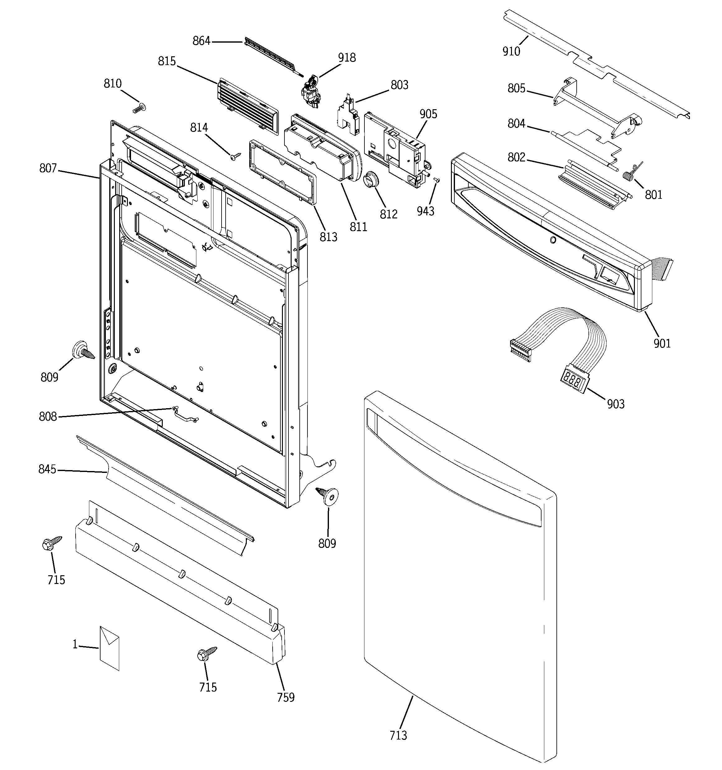 GE PDW7300J00BB escutcheon & door assembly diagram