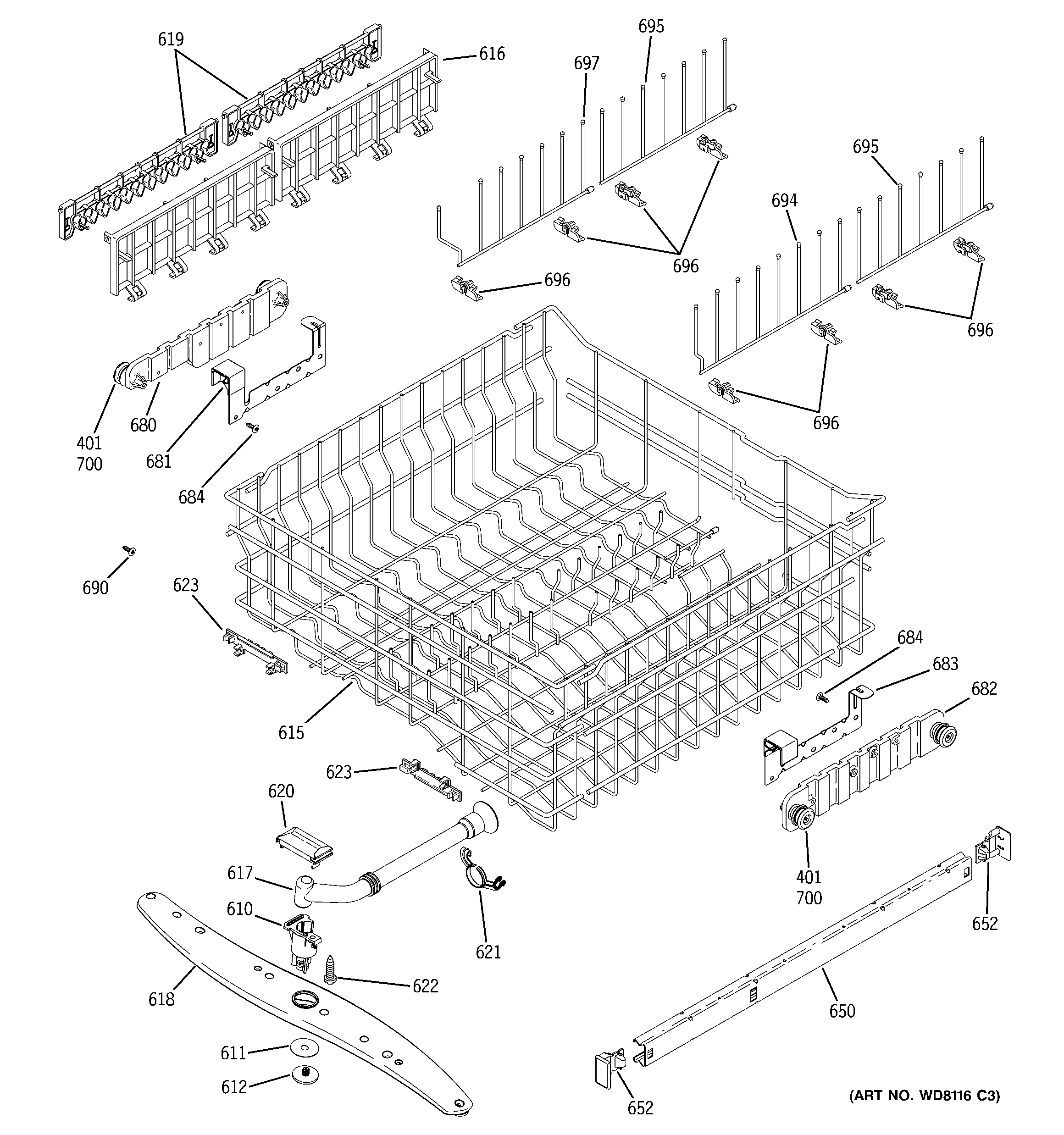GE PDW7300J00BB upper rack assembly diagram