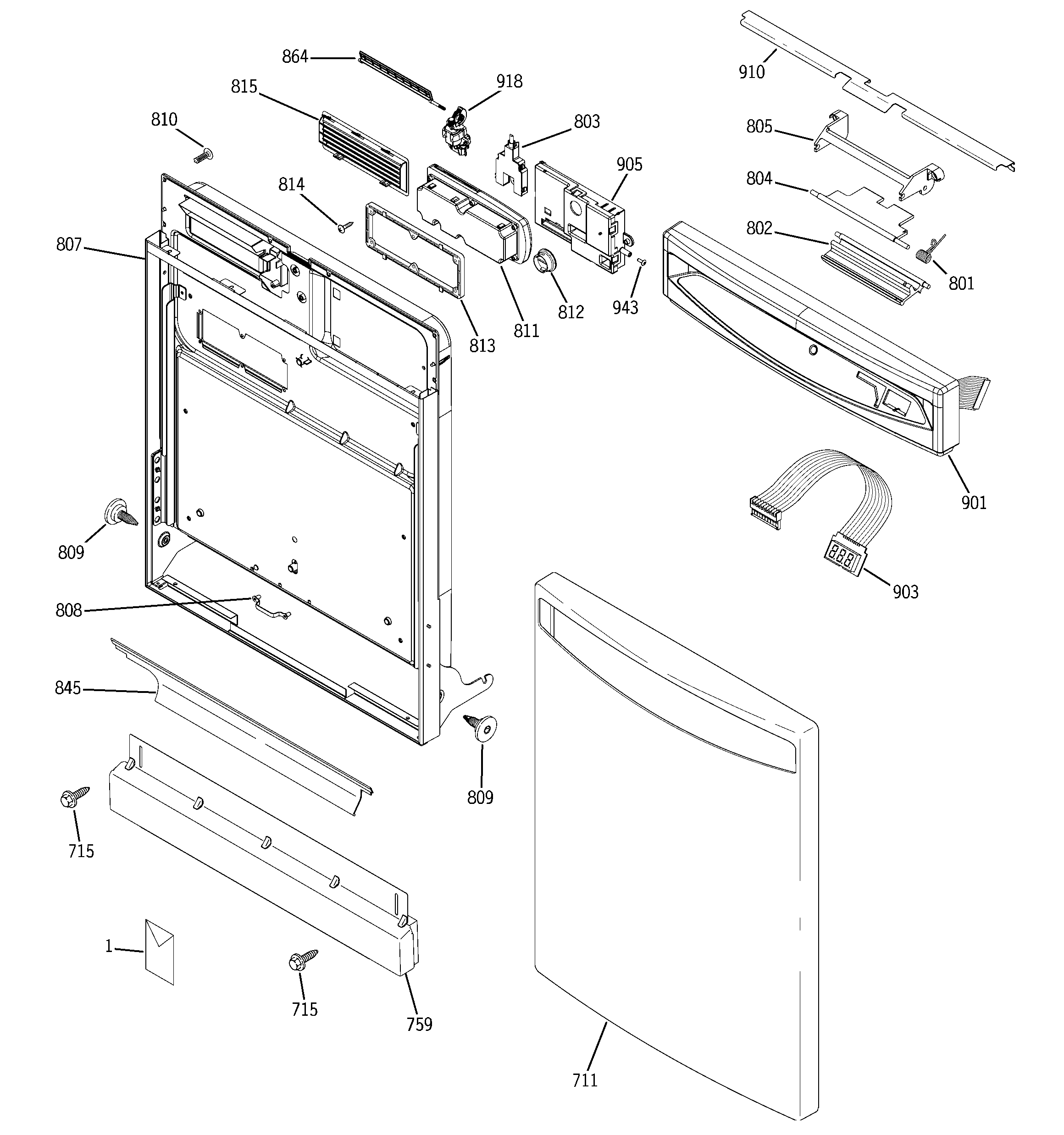 GE PDW7800J00CC escutcheon & door assembly diagram