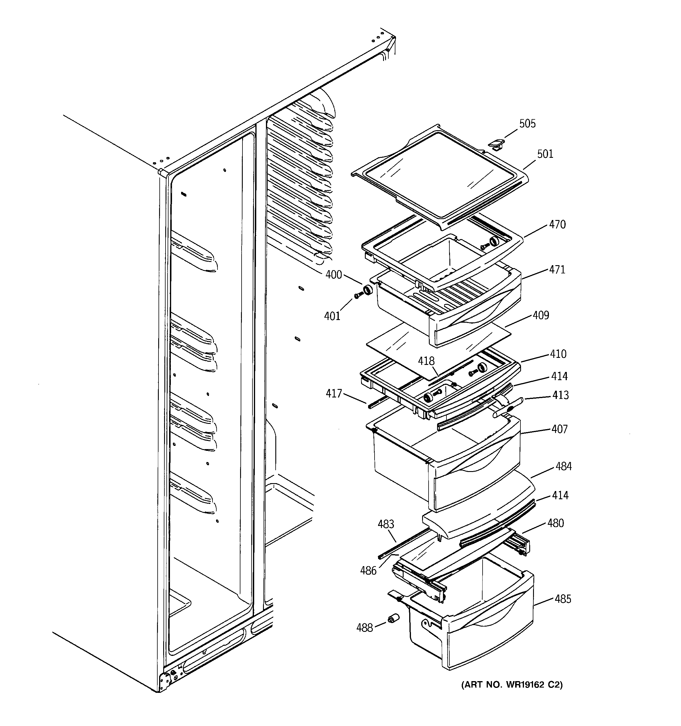 GE GSS25XGPABB fresh food shelves diagram