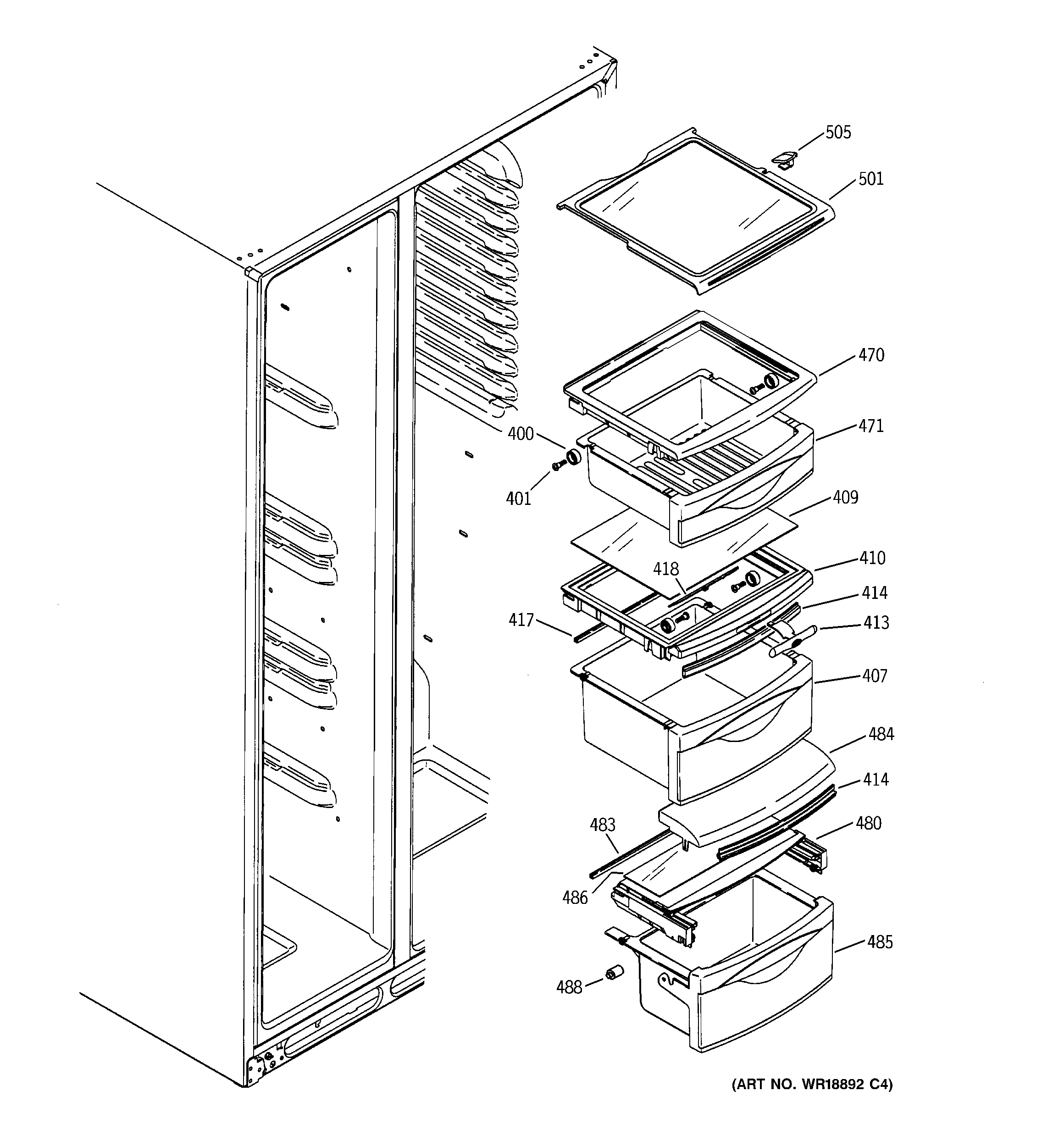 GE GSS25TGPACC fresh food shelves diagram