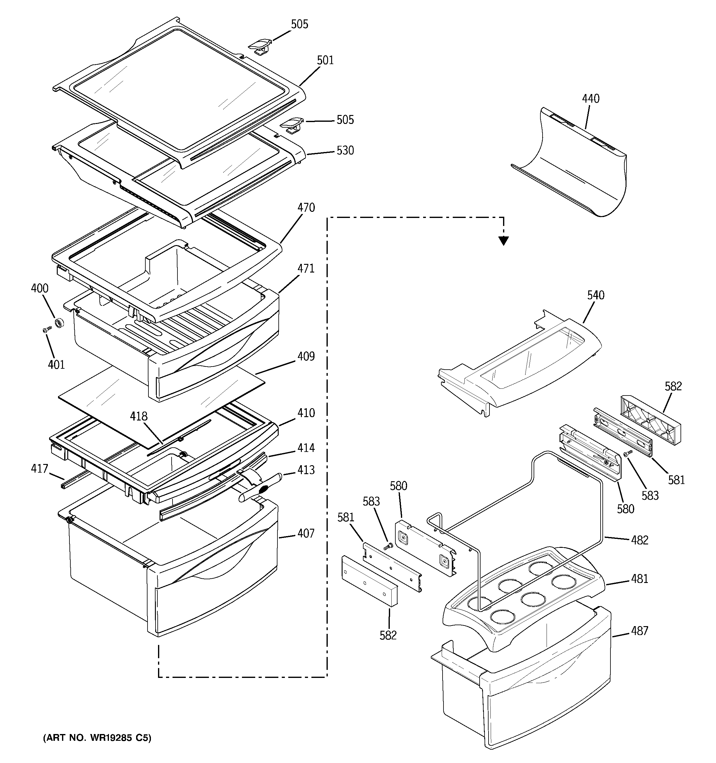 GE PSS29NHPABB fresh food shelves diagram