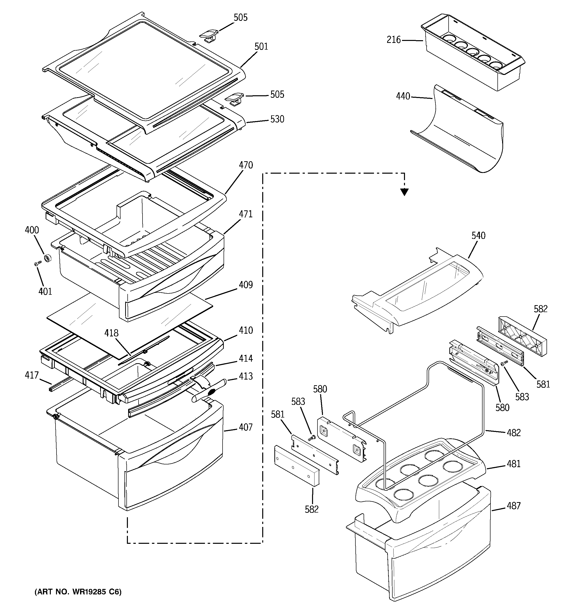 GE PCG23SHMHFBS fresh food shelves diagram