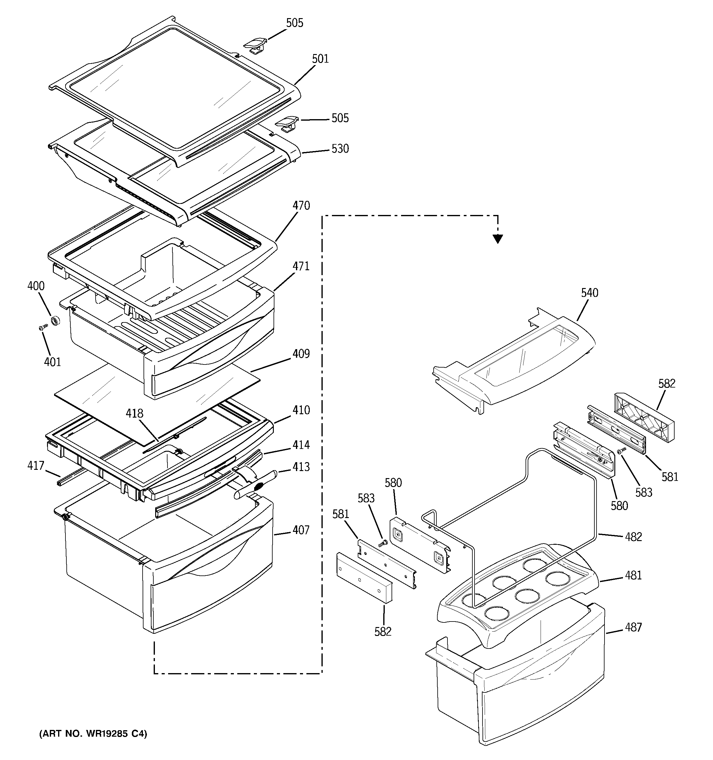 GE PSI23NGPAWW fresh food shelves diagram