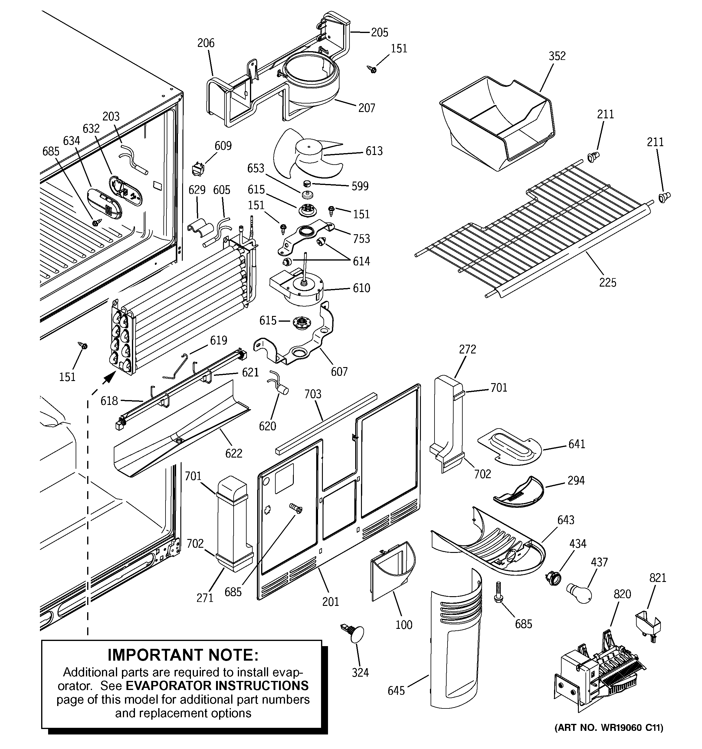 GE PTS25LHPARWW freezer section diagram